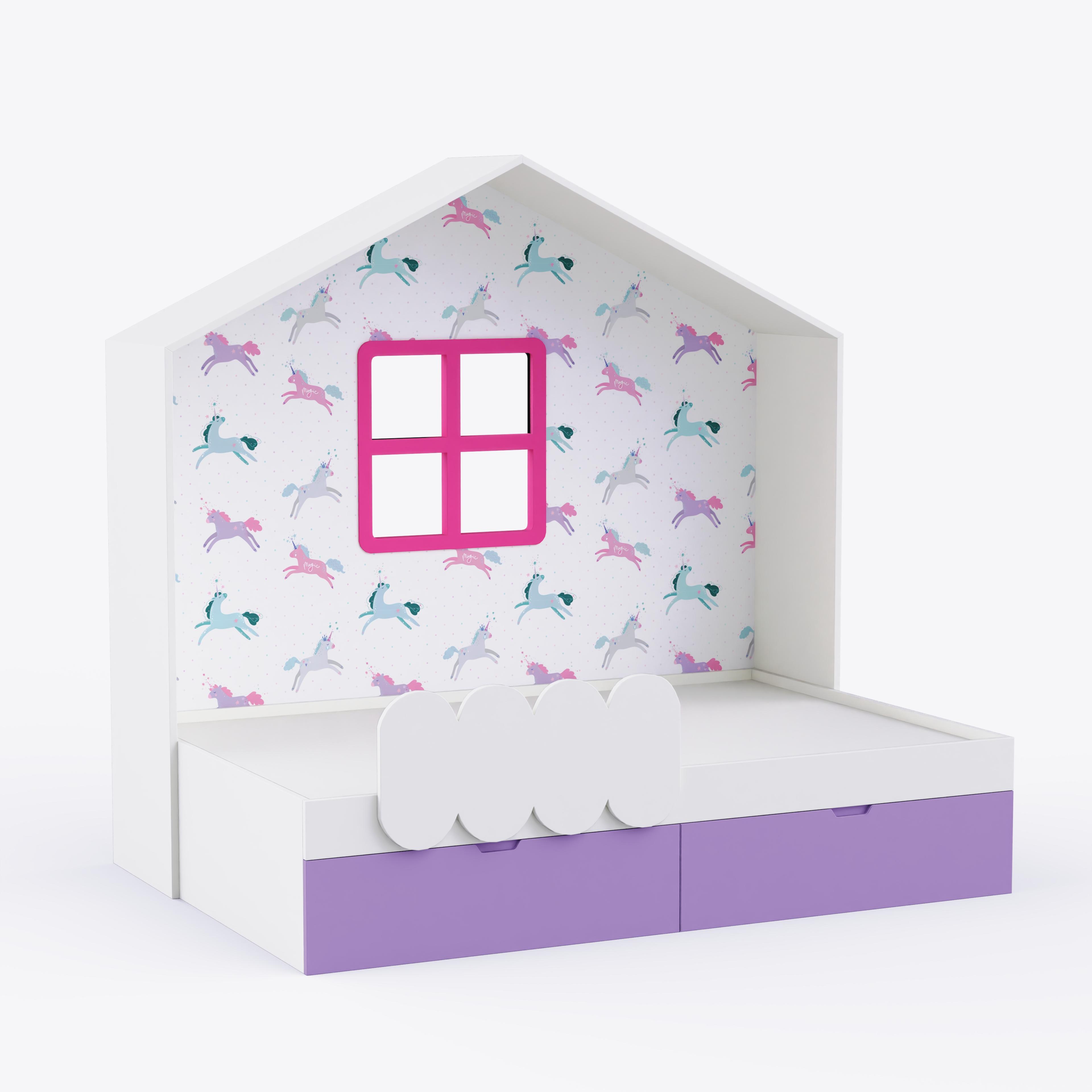 Little Hut Bed  6X3 ( Drawers On Wheels) In White & Purple Colour