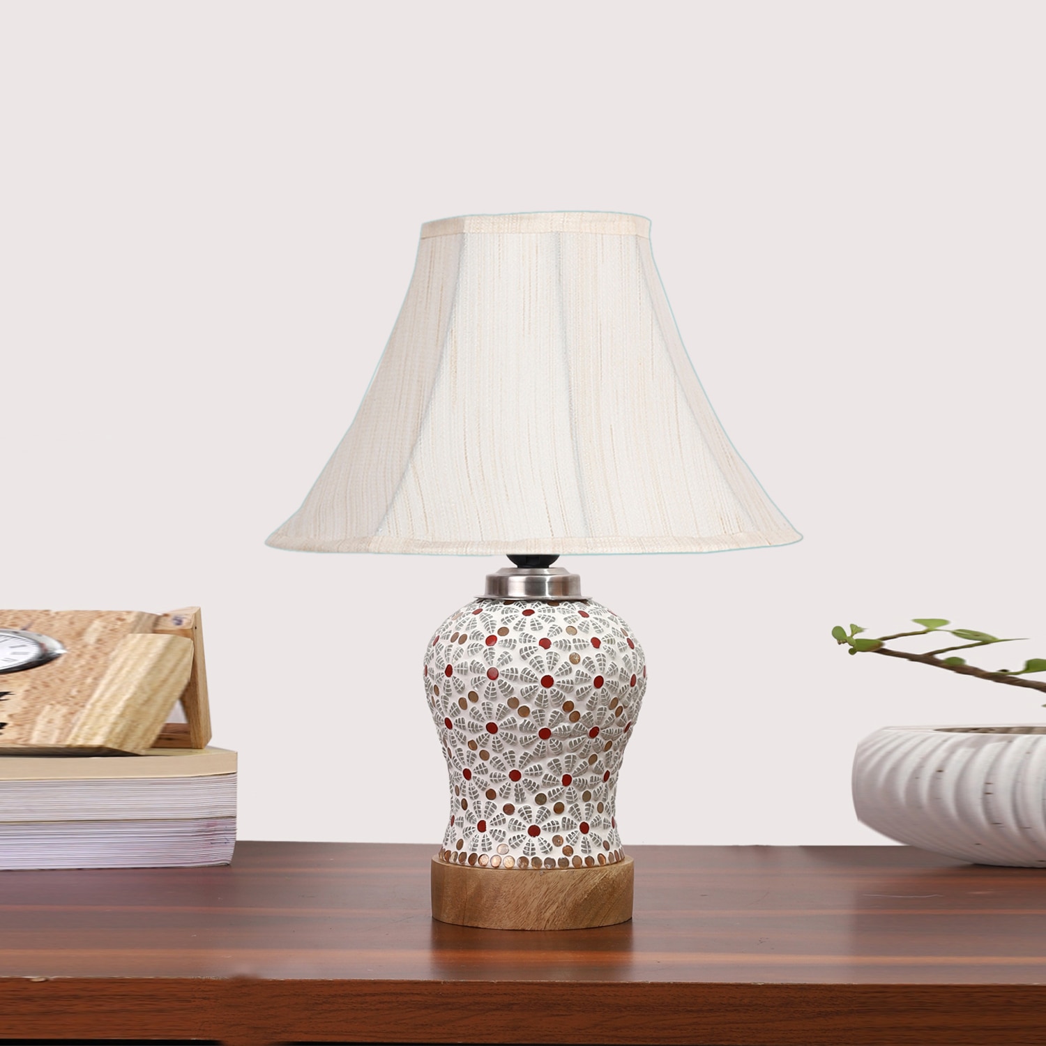 Devansh Off-White Cotton Shade Lamp With Wood & Mosaic Glass Base For Decoration/Office/Home/Gifting/Study For Decoration/Office/Home/Gifting/Study - Devansh