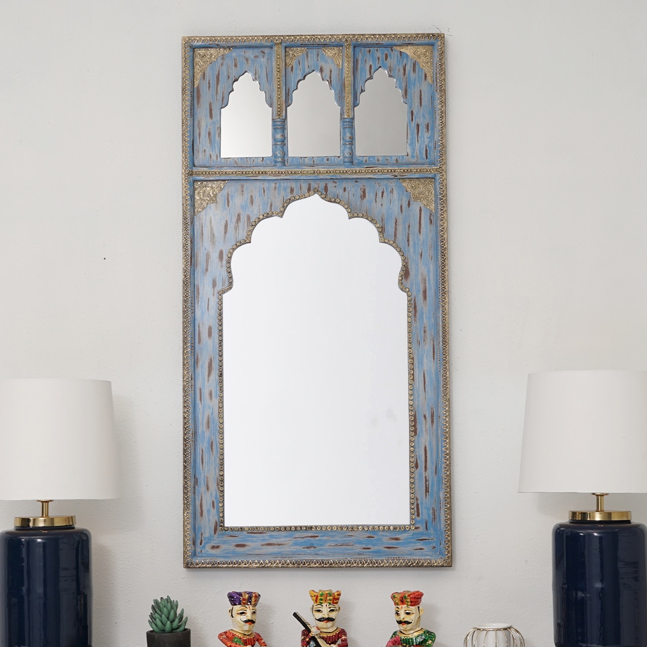 Nora Wood Carved Mirror Frame in Distressed Blue