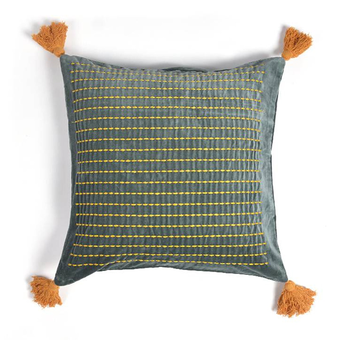 Tasseled And Embroidered Grey-Green Cushion Cover - Urban Ladder