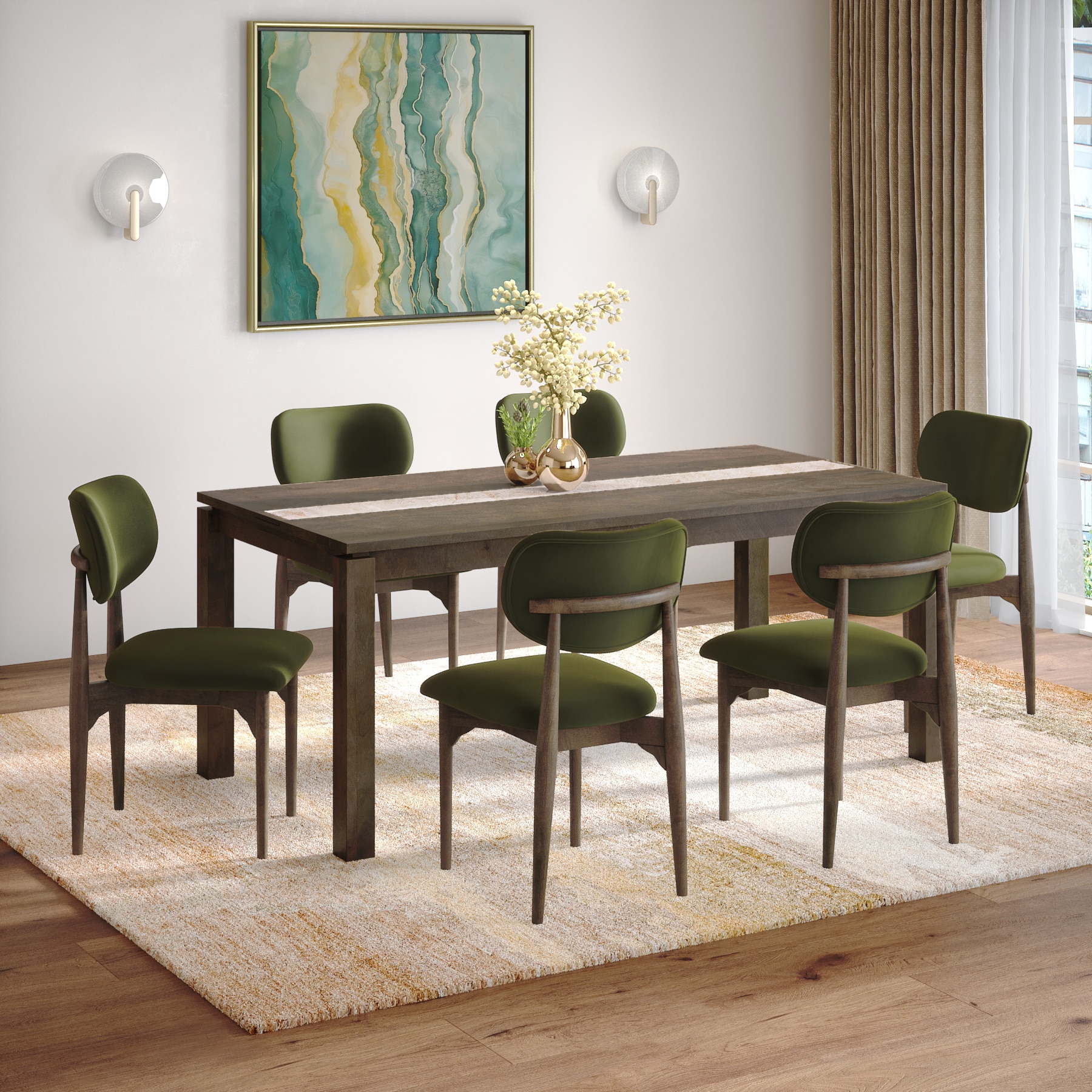 Atlas Crest Storage Solid Wood 6 Seater Dining Table With 6 Ollie Dining Chairs (Finish : Danish Walnut, Chair Colour : Deep Olive Velvet)