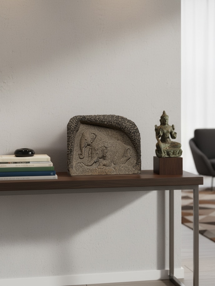 Lifestyle view of Adambara Carved Stone Shore Elephants Sculpture