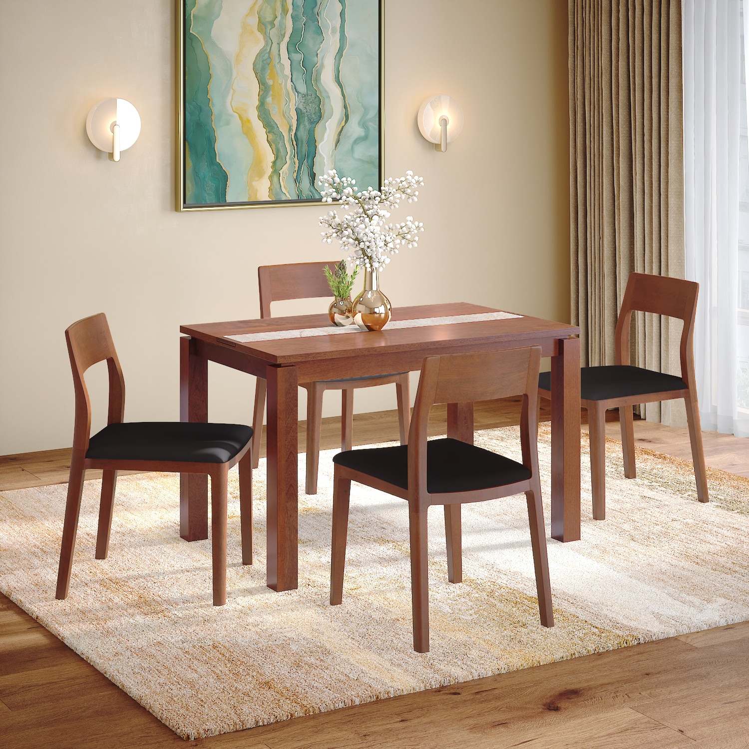 Atlas Crest Storage Solid Wood 4 Seater Dining Table With 4 Clarke Dining Chairs (Finish : Honey, Chair Colour : Black Leatherette)