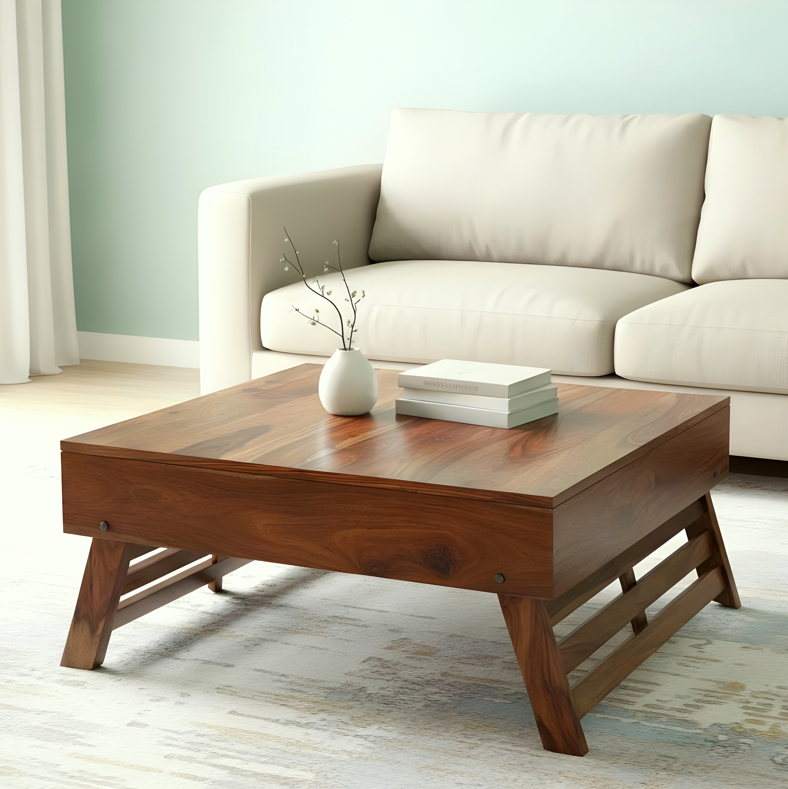 Bradford Sheesham Wood Contemporary Square Foldable Coffee Table In Natural Teak Finish