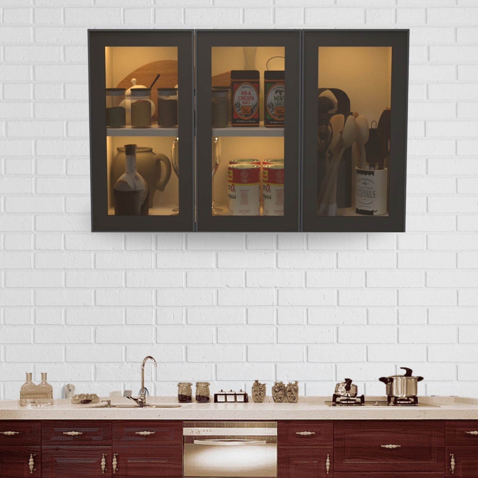 Aluminium Black Profile 3 Brown Tinted Glass Handless Shutters Wall Cabinet In Highland Pine Finish-image-33