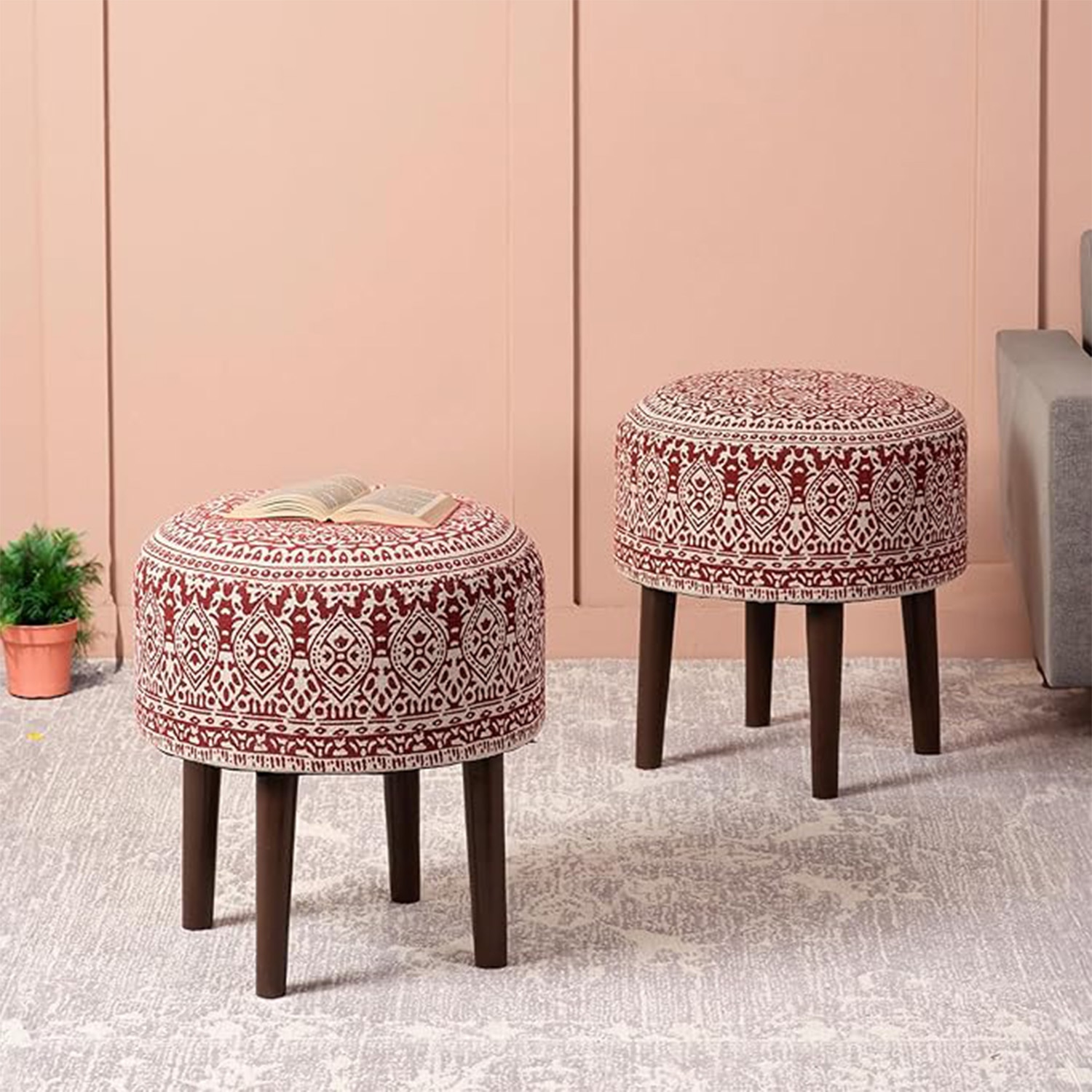 Botanic Fabric Wooden Ottoman in Red Color Set of 2 - Nestroots