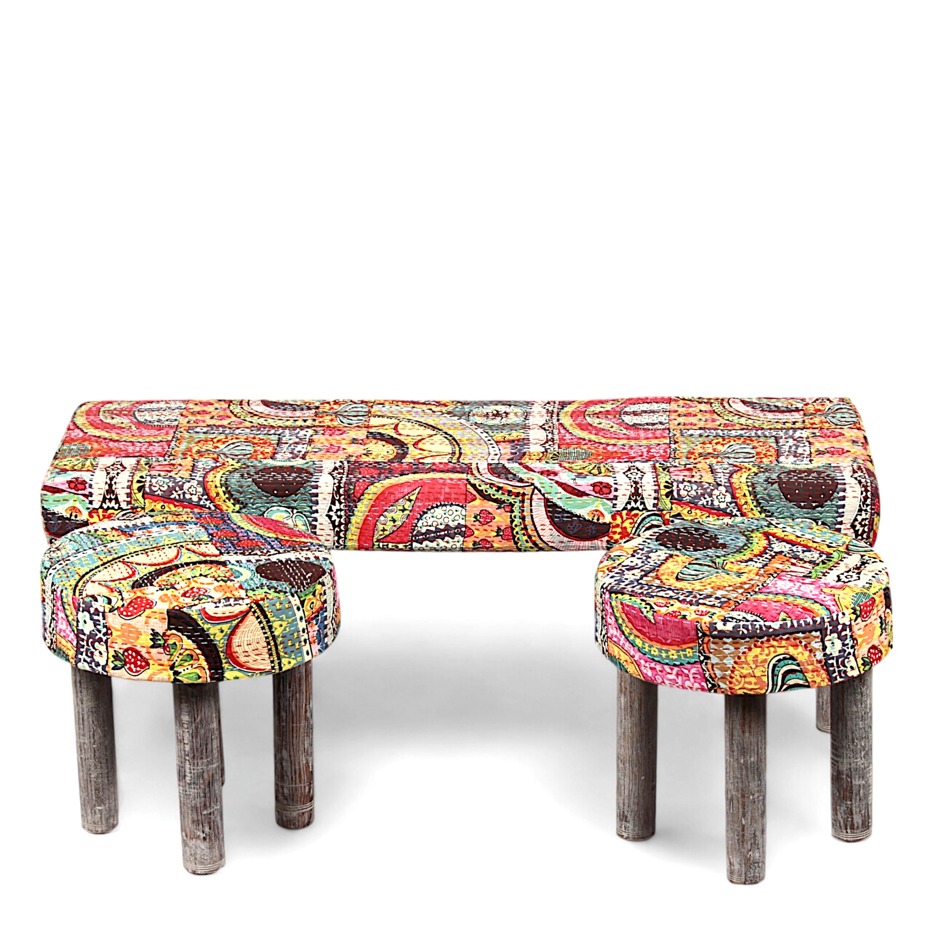 Asteria Solid Wood 2 Seater Bench Set With 2 Stools In Multi Colour Israel Print Kantha Fabric