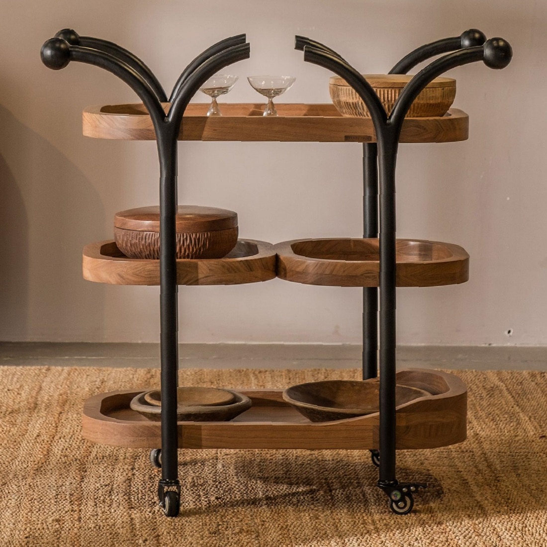 Andaman Jolly Solid Wood Service Trolley in Black Colour - Orange Tree