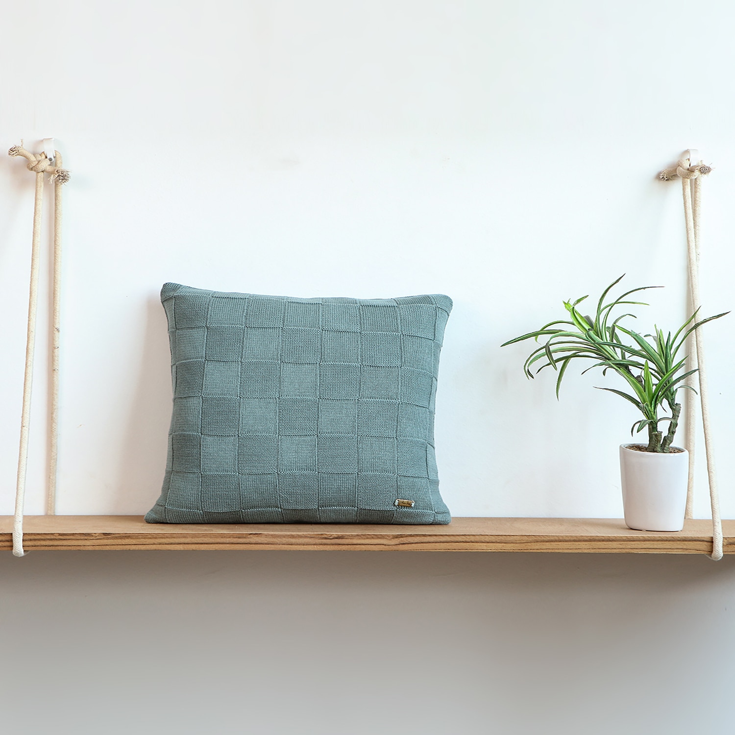 Square Check Blue Daisy Knitted Cushion Cover  16X16 Inches - Pluchi