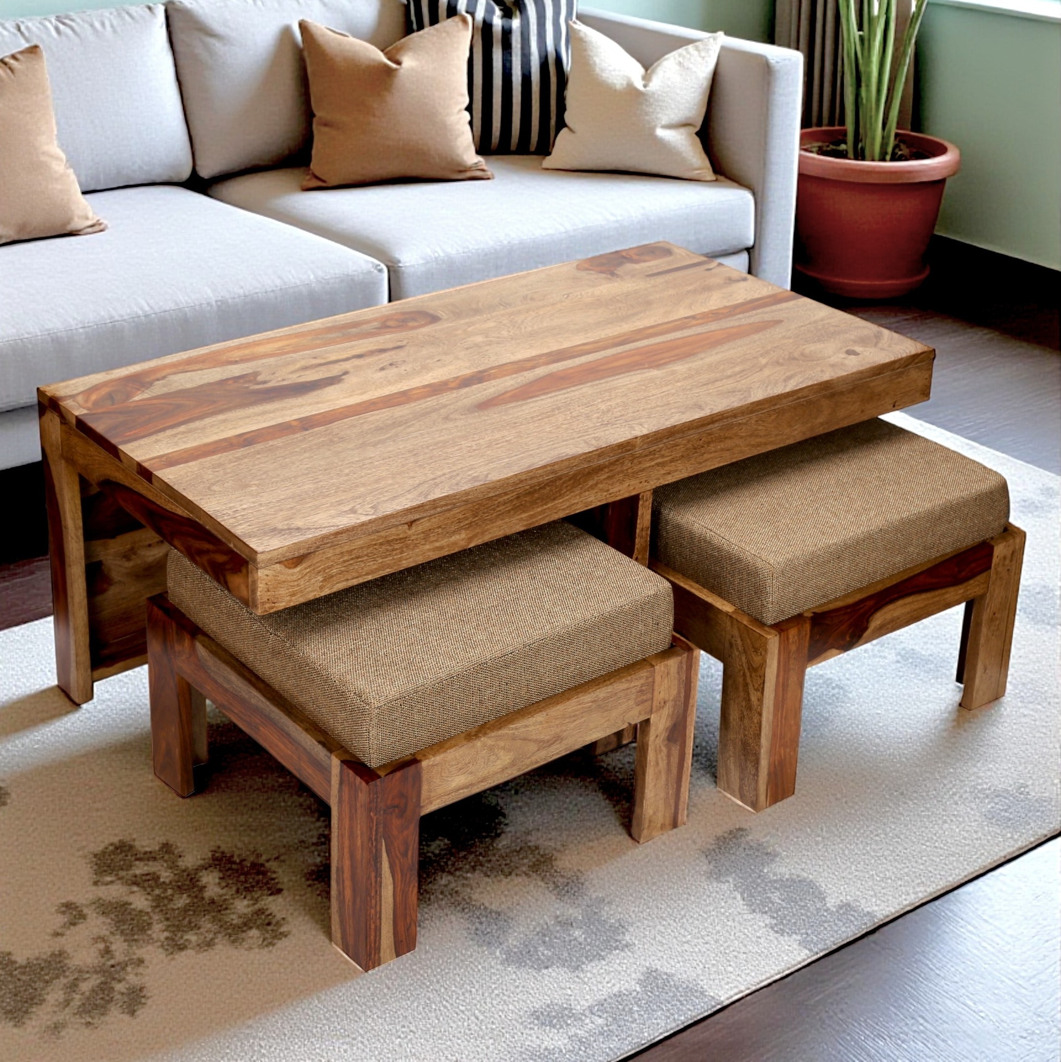 Irish Sheesham Wood Accent Coffee Table Set With 2 Stools In Teak Finish With Jute Beige Cushions