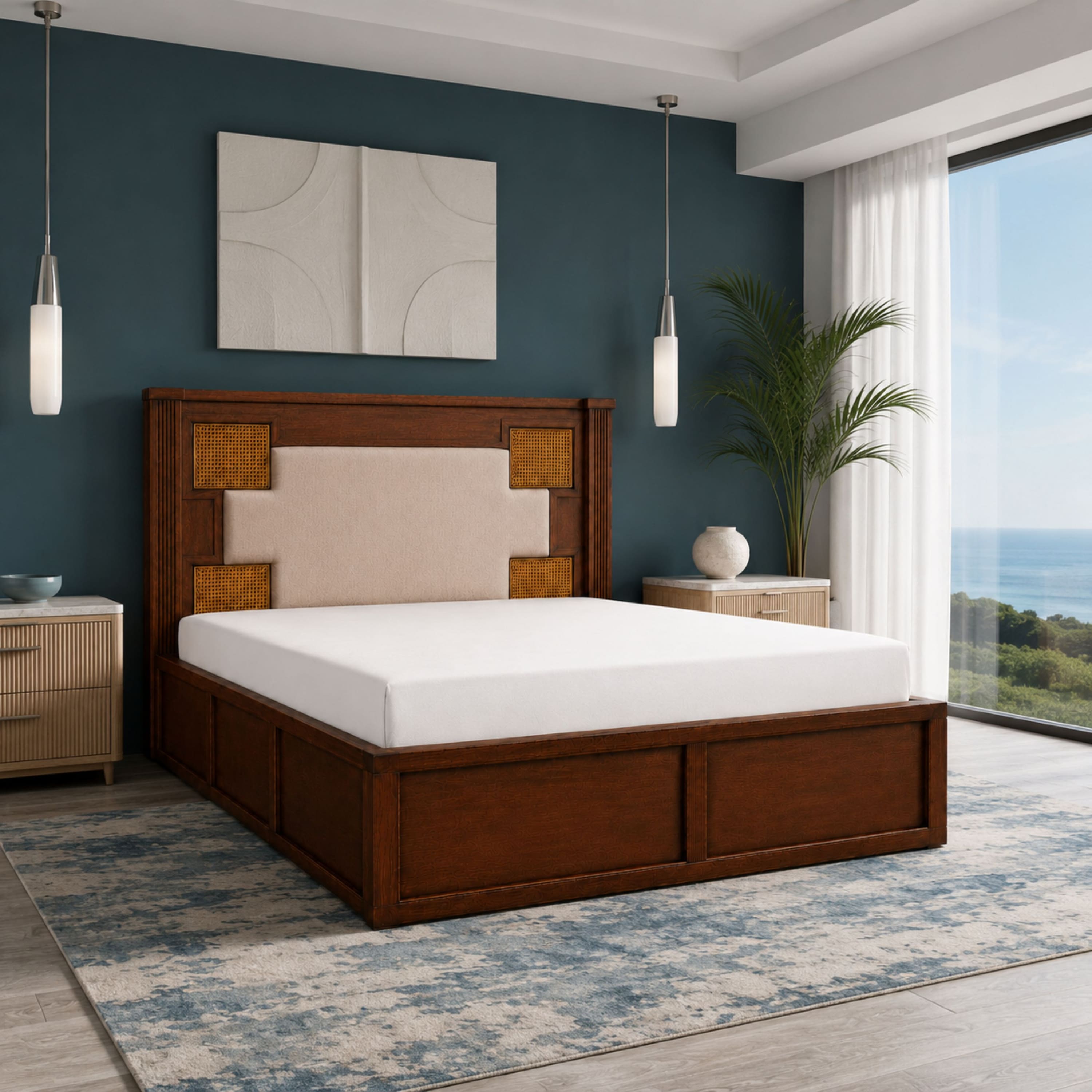 Nayra Solid Wood Compact Queen Bed Box Storage Provincial Teak Finish Mattress 60 x 72 Inches - Globally Indian