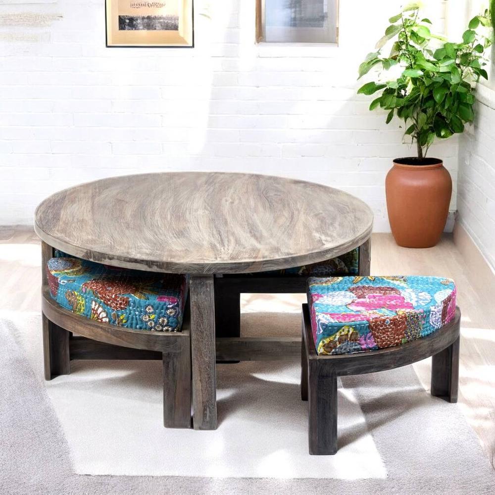 Nashville Sheesham Wood 4 Seater Coffee Table Set In Antique Grey Finish Floral Print Green Kantha Cushion
