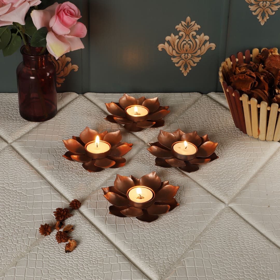 Flower Tealight Holder Set Of 4 In Copper Colour