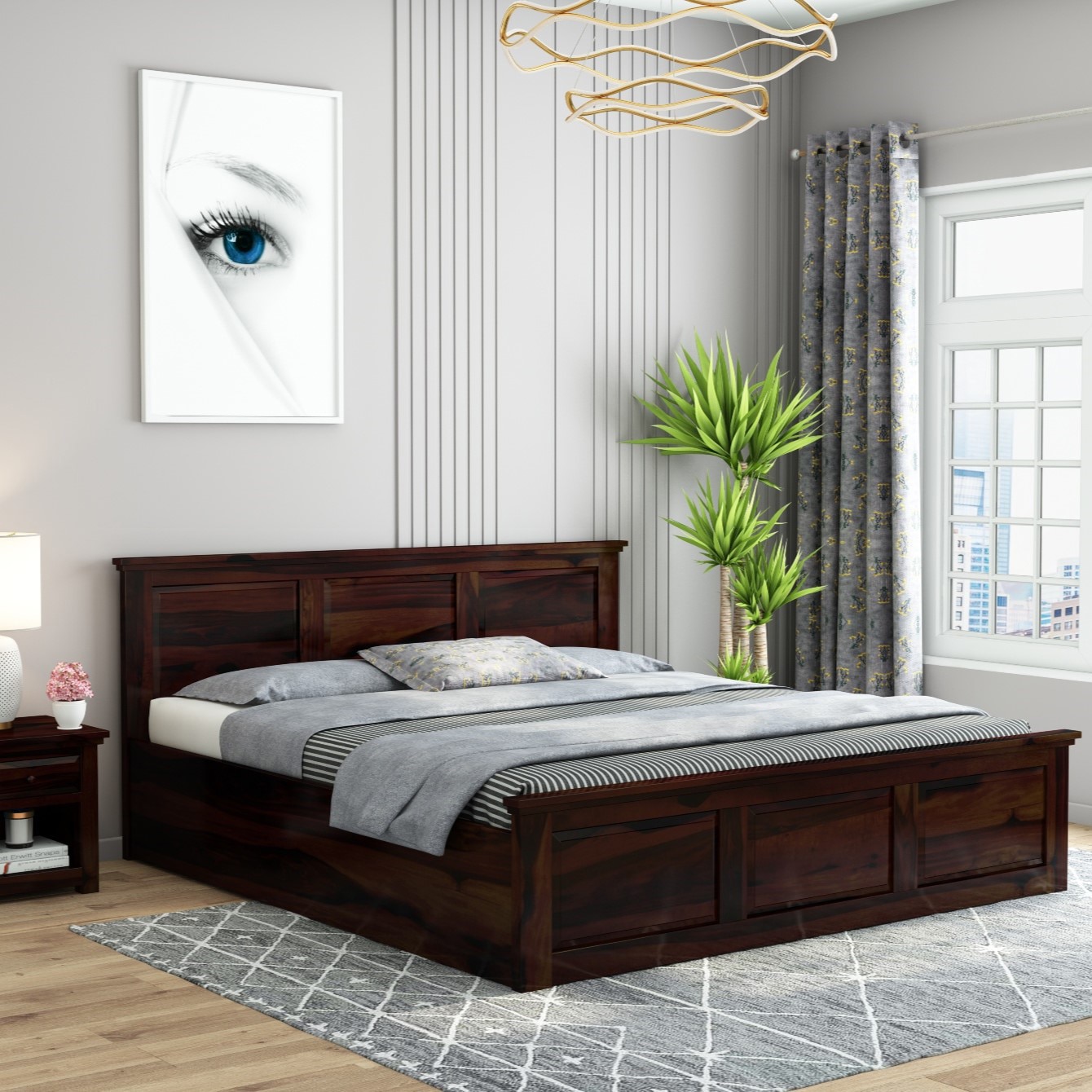 Stainfiled Solid Wood Queen Size Bed In Hydraulic Storage Bed In Walnut Finish