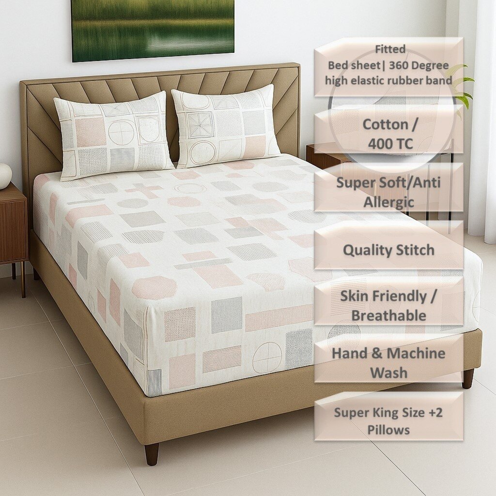 White Geometric 400 TC Cotton Fitted Super King Bed Size Bedsheet With 2 Pilllow Covers  Threads