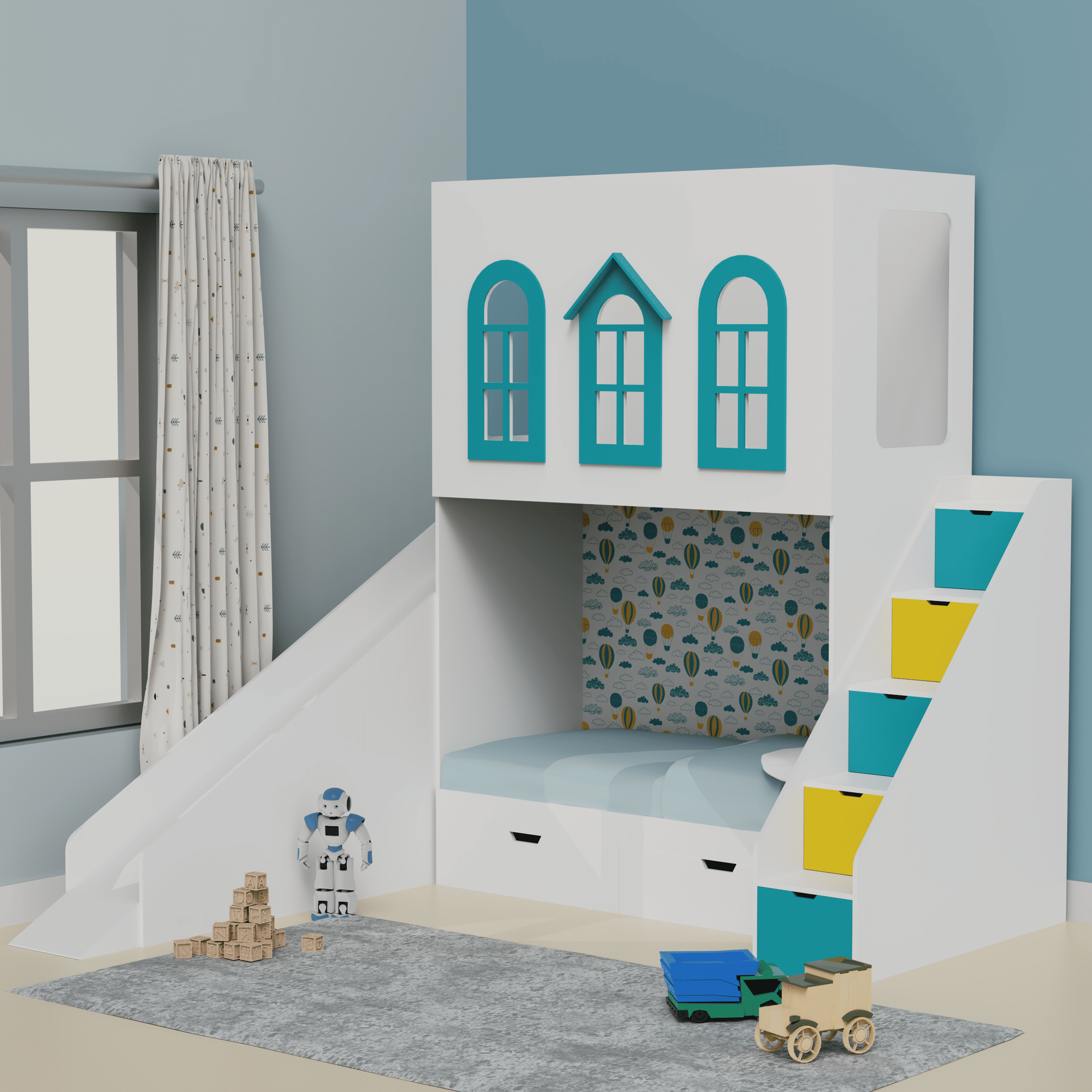 Castle Play House Bunk Bed With Slide 6X4 (Manual Box Storage) In White Colour