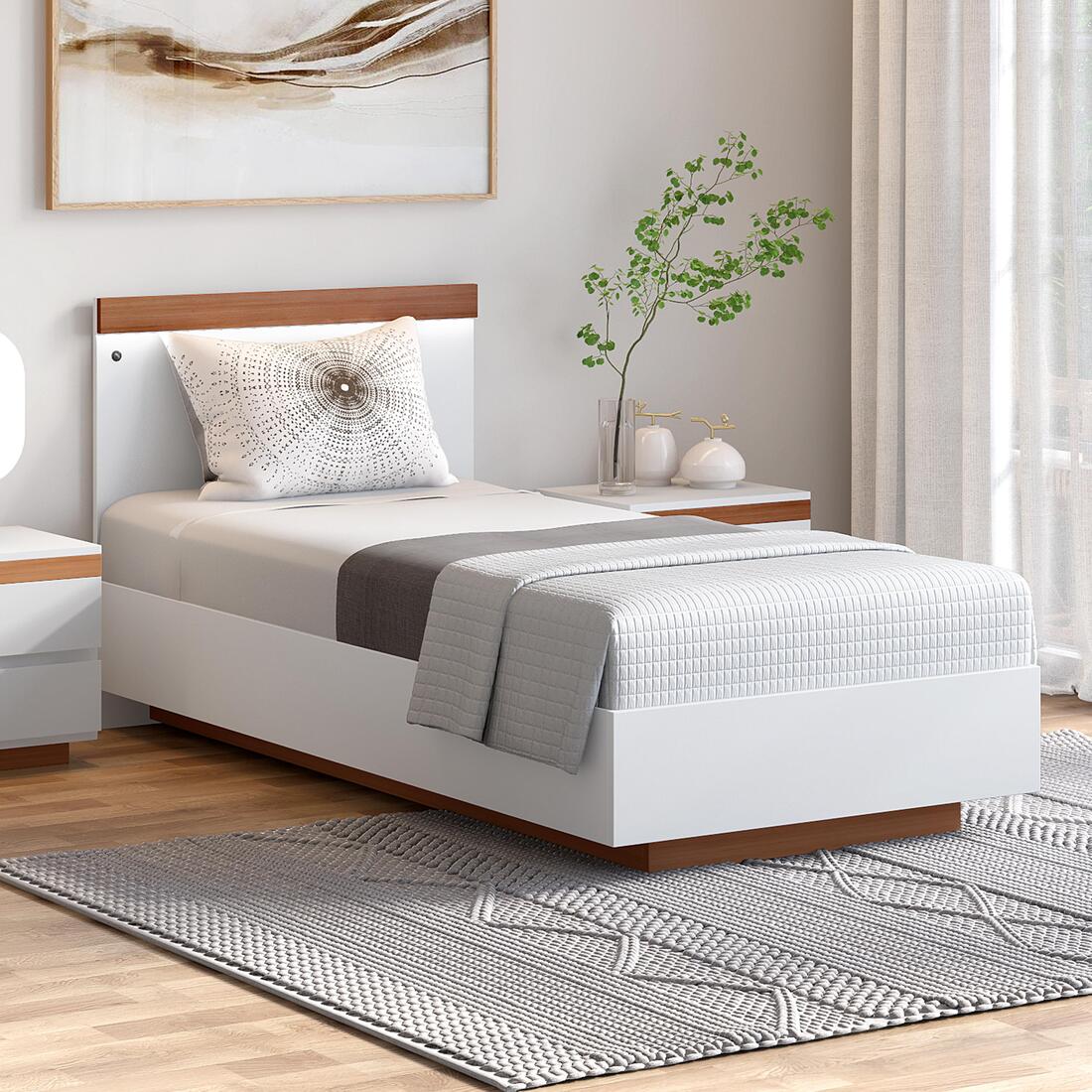 Juda Engineered Wood Single Size Non Storage Bed in Frosty White and Urban Teak Brown