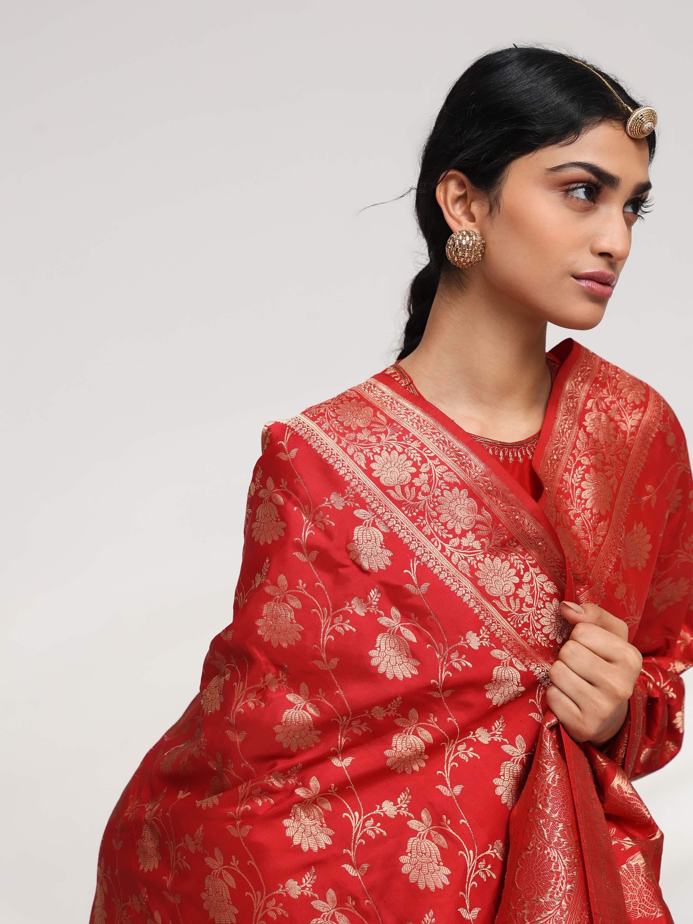 Red Banarasi Silk Kadwa Handwoven Dupatta