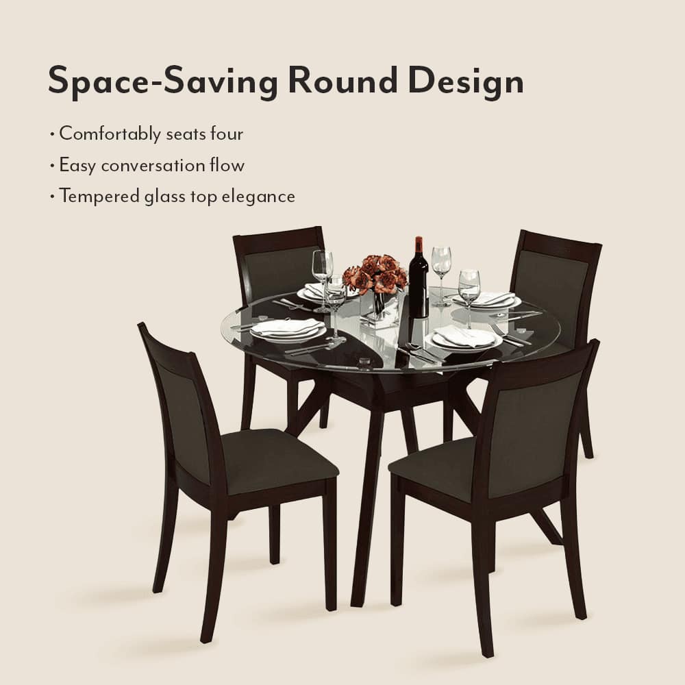 Wesley - Dalla 4 Seater Round Glass Top Dining Table Set (Colour- Grey , Finish- Dark Walnut)