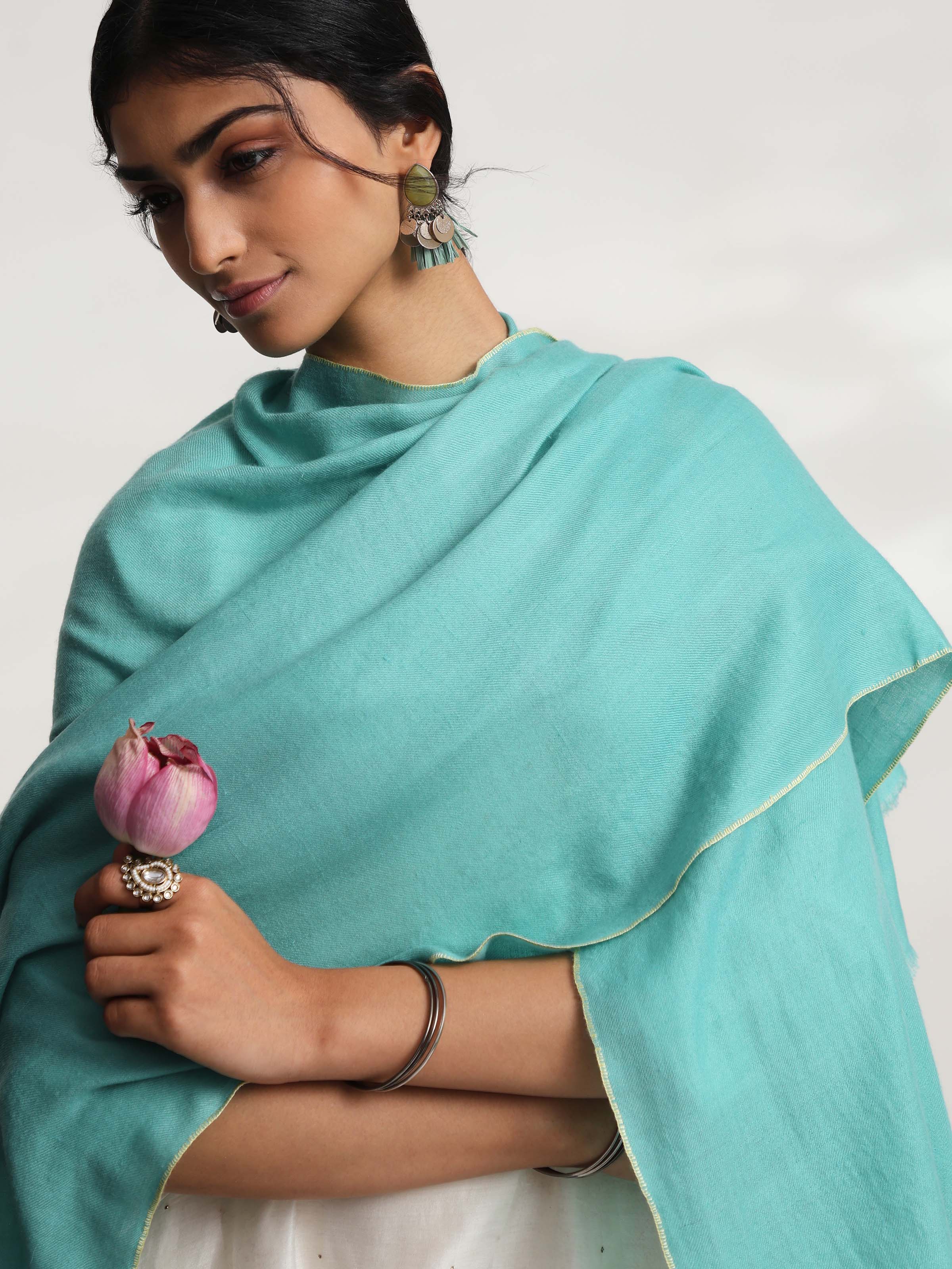 Teal Cashmere Kaaj Embroidered Handwoven Stole