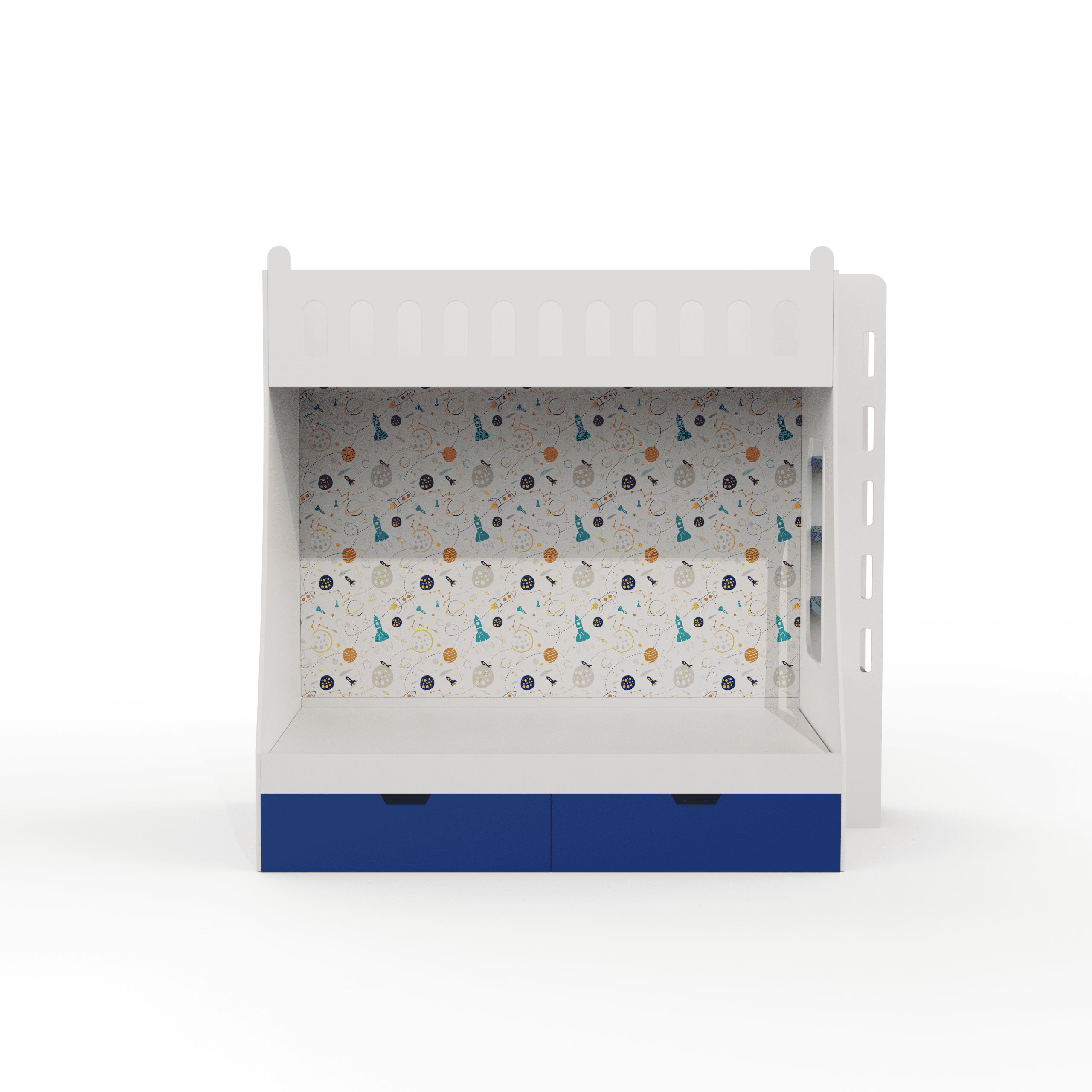 Galaxy Glide Bunk Bed With Drawers Storage And Ladder Space Print At The Back In White and Blue Colour