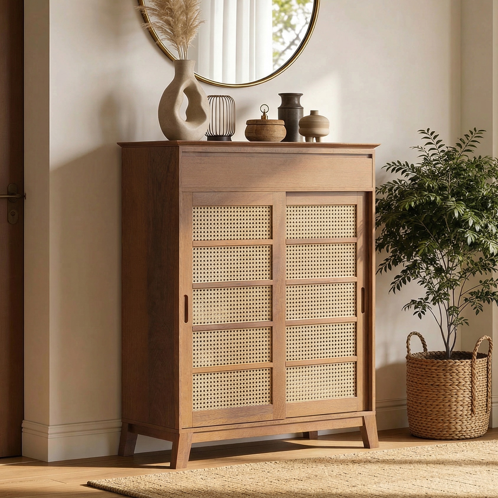 Fujiwara 20 Pair Solid Wood and Cane Shoe Cabinet With Drawer In Amber Walnut Finish