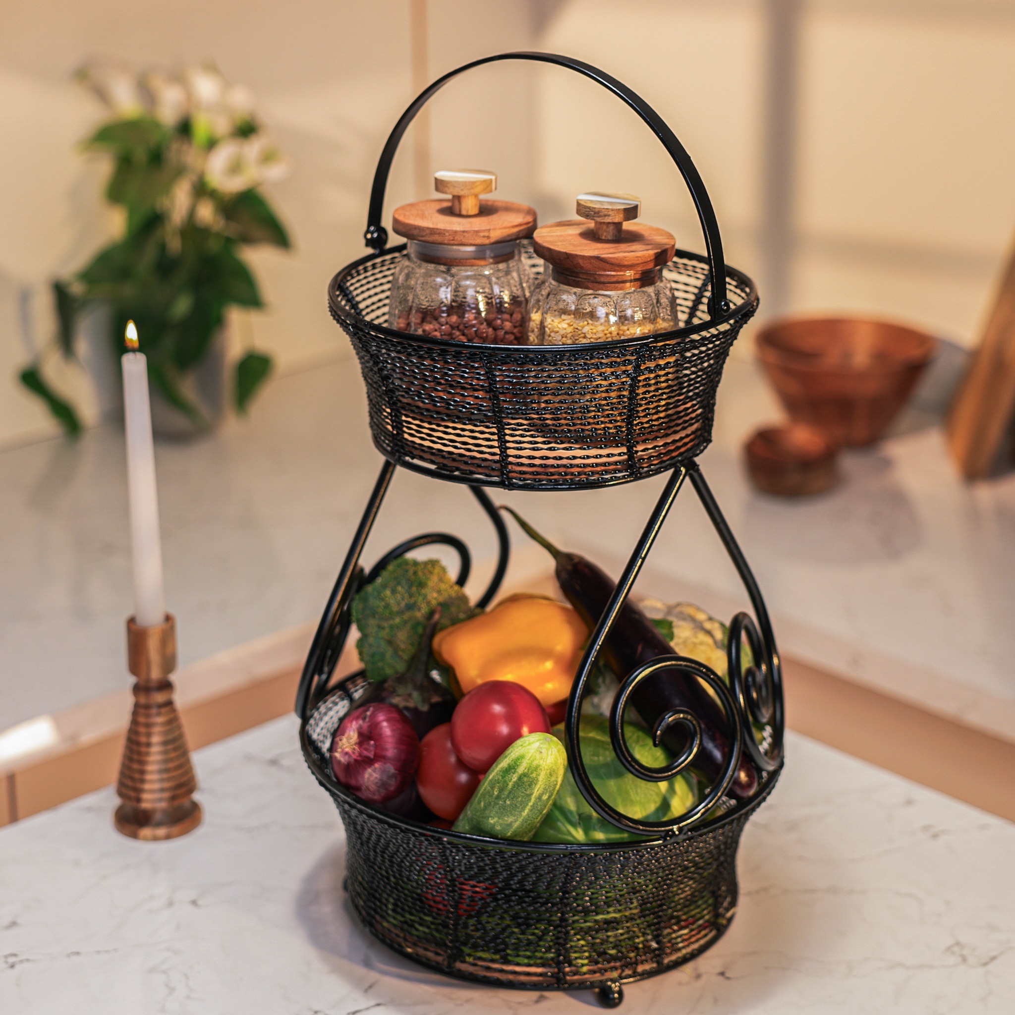 Ireka Home Swirl Acacia Wood Storage Basket with Metal Handles - Ireka Homes