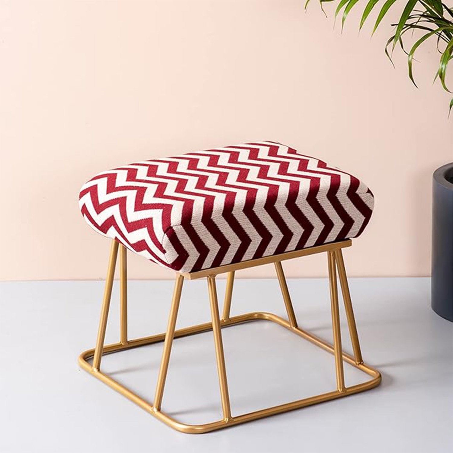 Crest Jacquard Metallic Stool in Maroon & White Color - Nestroots