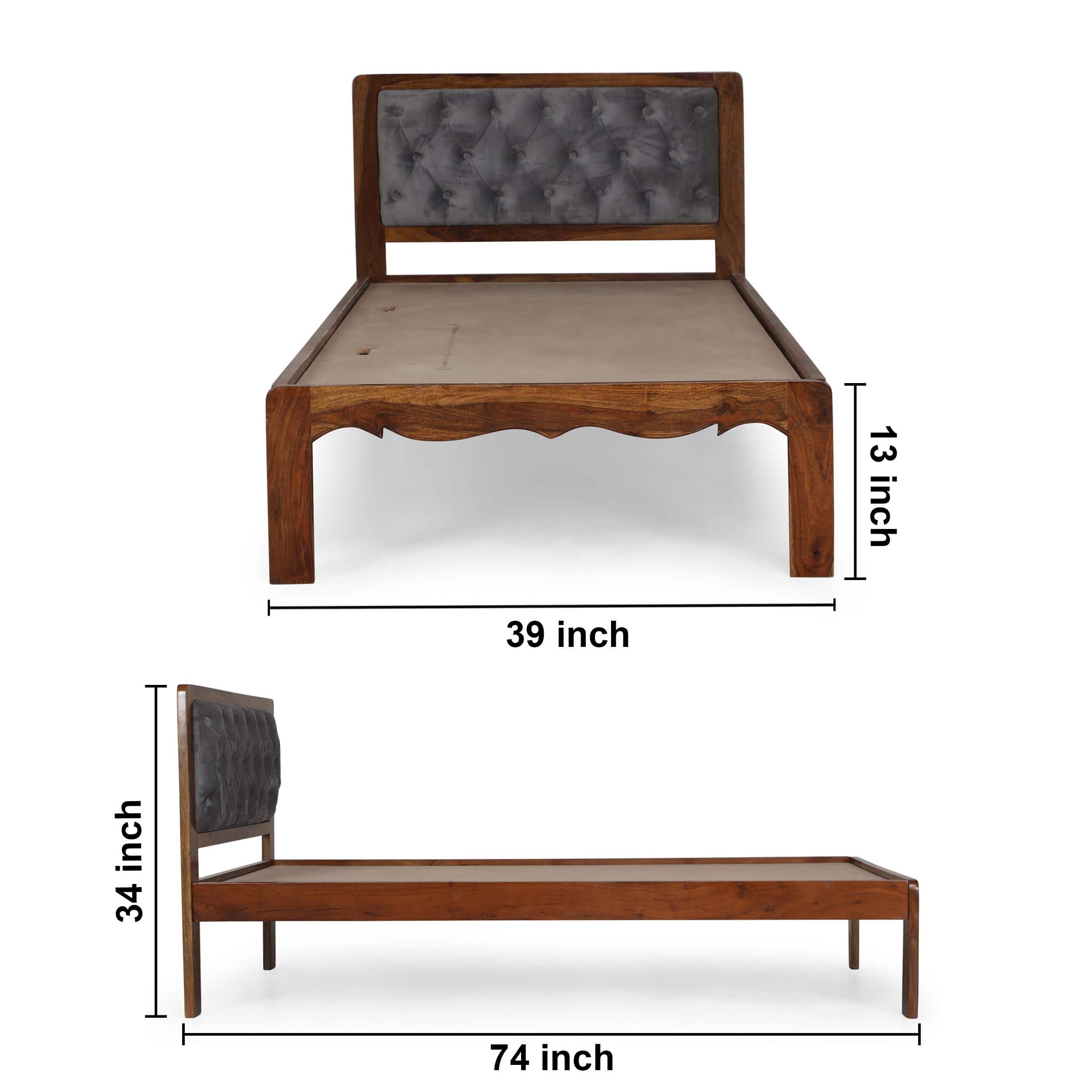 Buttoned Solid Wood Non Storage Single Bed in Provincial Teak Finish