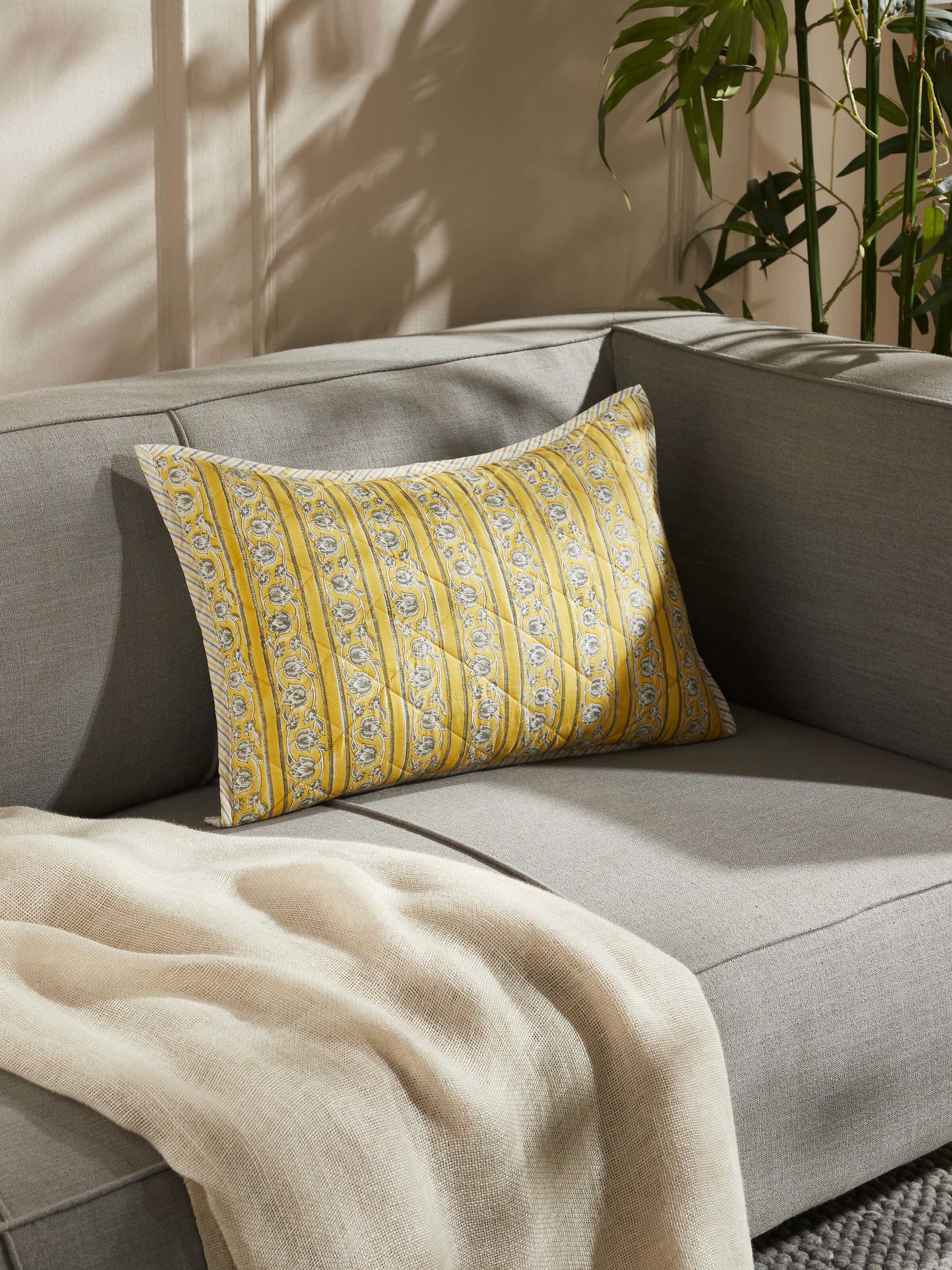 Kairavam Yellow Floral Cotton Sanganeri Hand Block Printed Cushion Cover