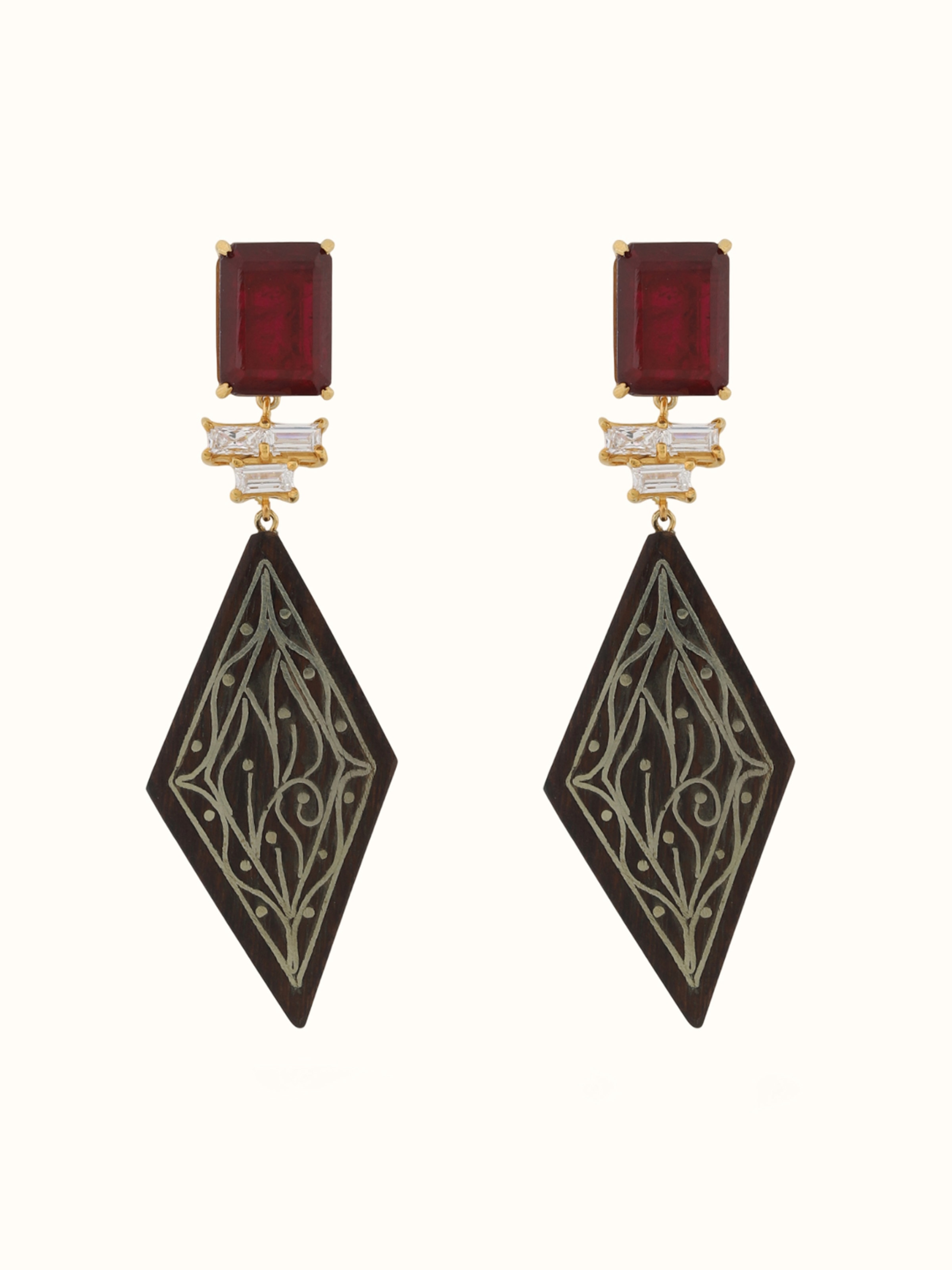 Front view of Tarkashi silver drop earrings featuring fine wirework design and handcrafted detailing