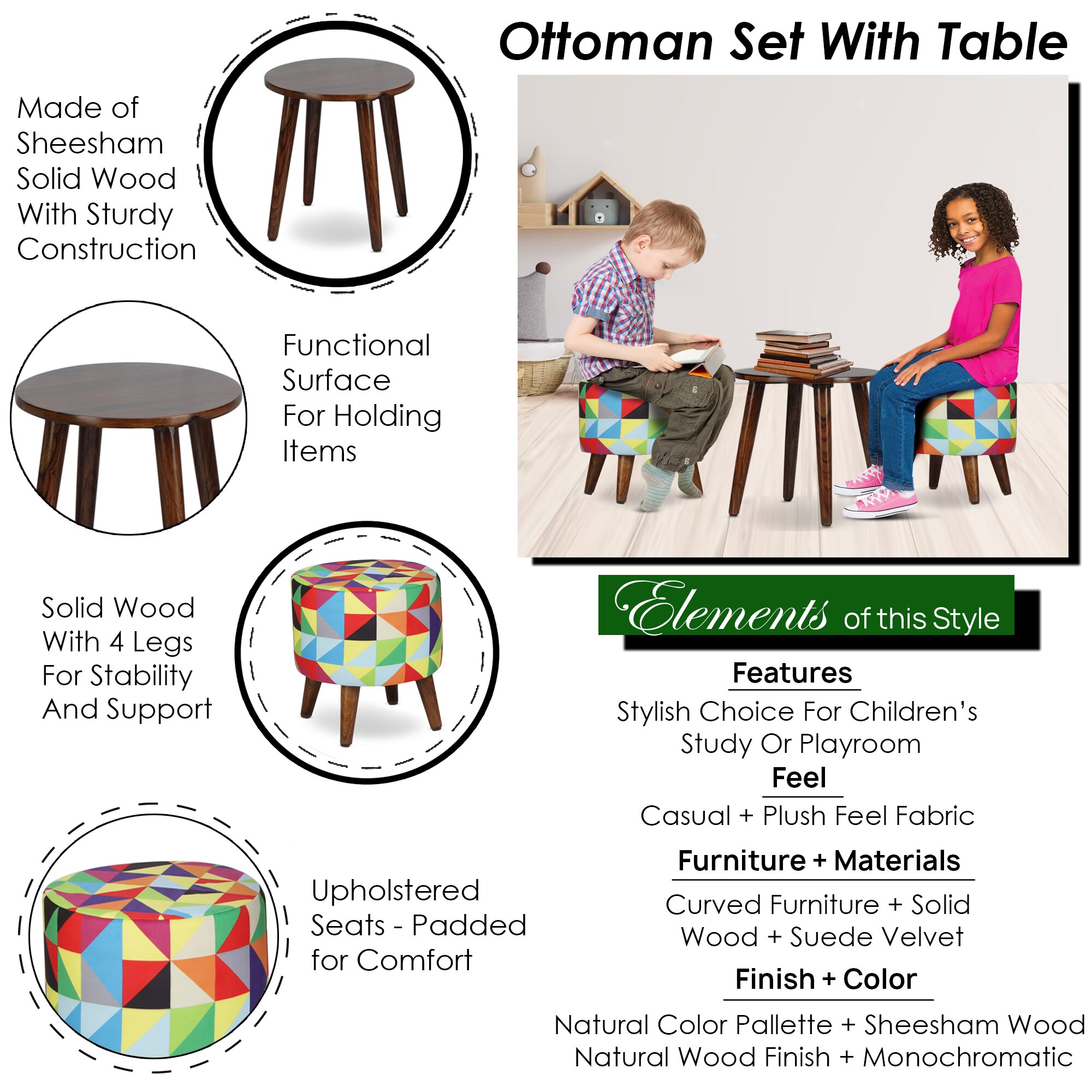 Caleb Solid Wood  Ottomon in  Multicolor Colour