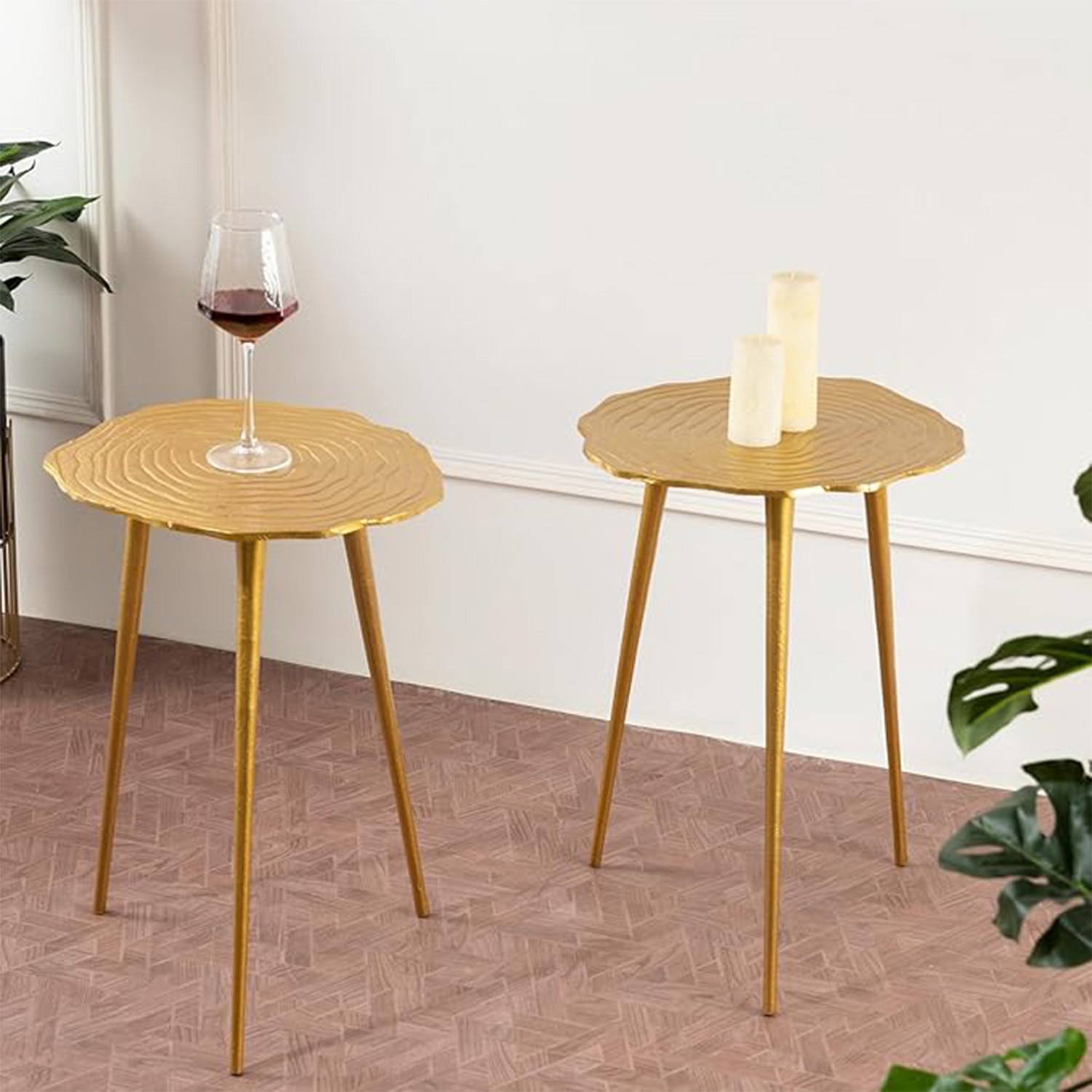 Cosmo Aluminium Floral End Table in Gold Color Set of 2 - Nestroots