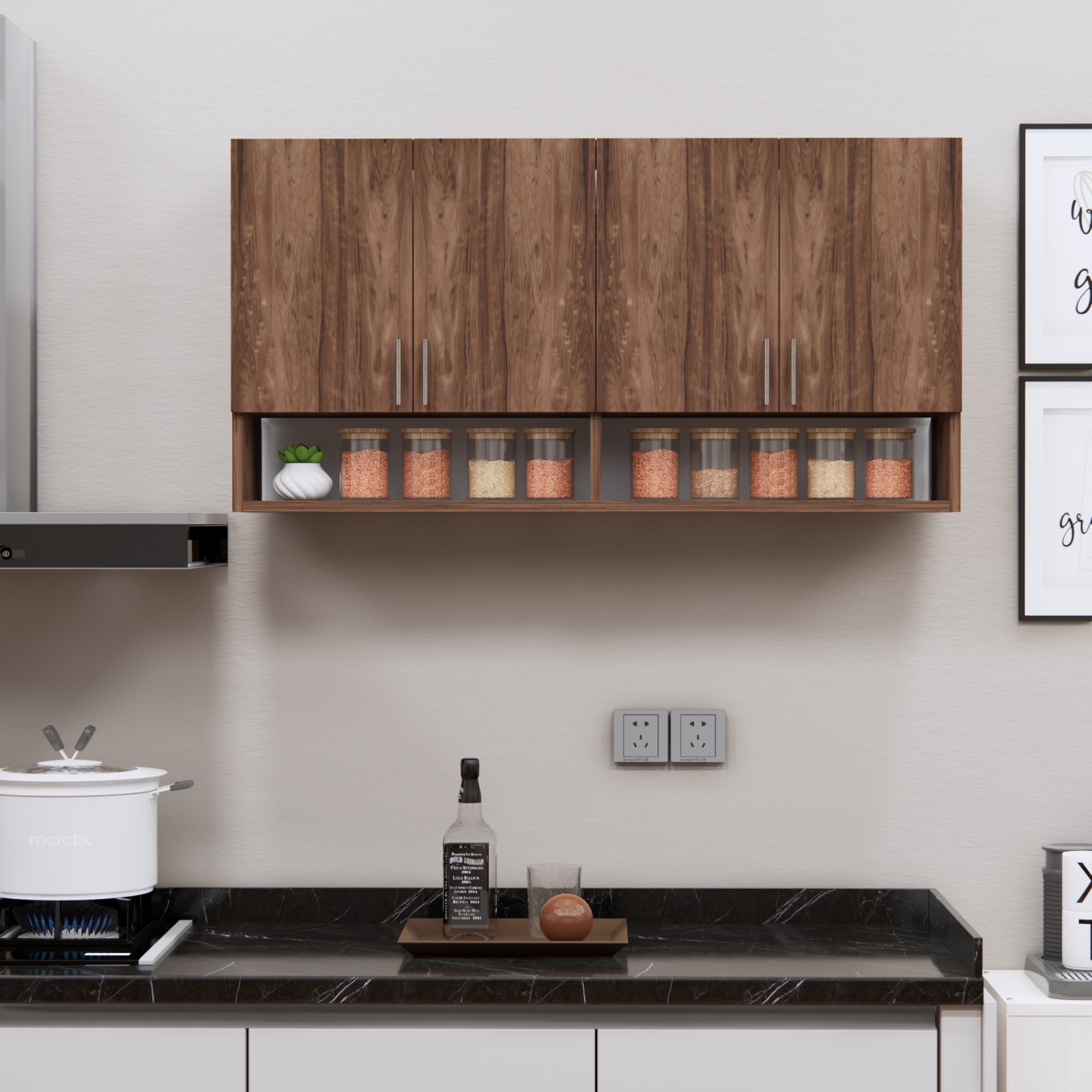 4 Doors Modular Wall Mounted Kitchen Cabinet With Organizer Shelf In Cochwood Brown Finish