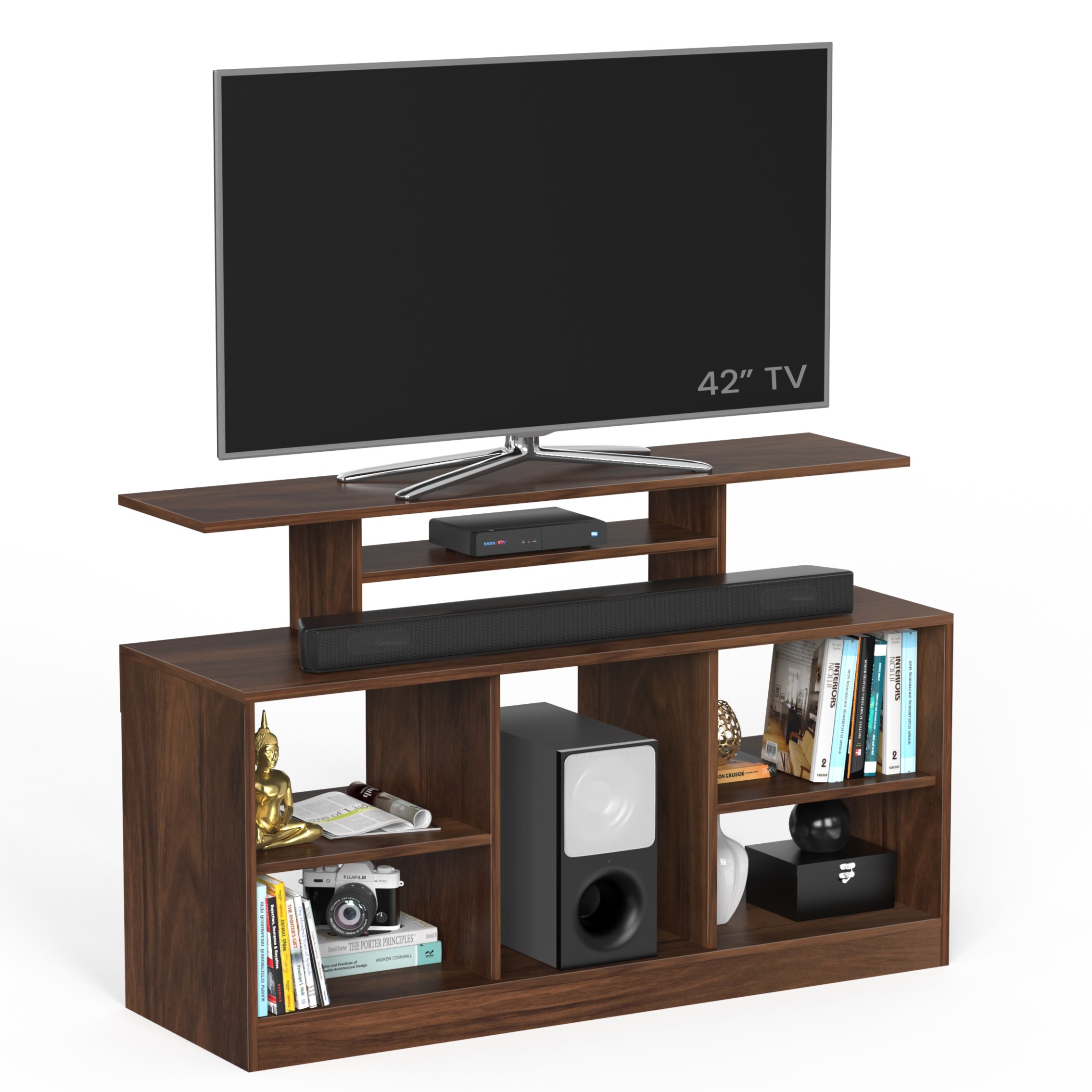 BLUEWUD Bevlyn Engineering Wood Floor Standing TV Entertainment Unit Set Top Box Stand/TV Cabinet Panel with Shelves for Books & D�cor Display Unit Bed Living Room Ideal for Upto 50" (Brown Maple)