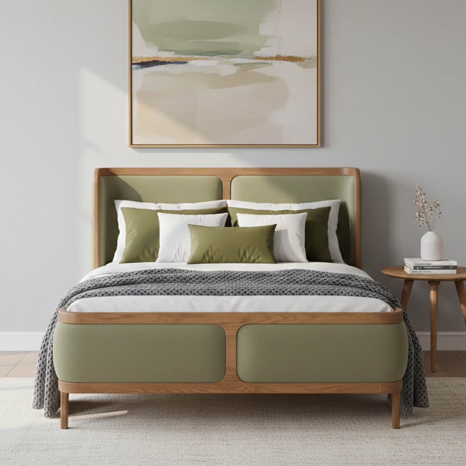 Valerio Duo-Panel Luxe King Size Bed in Green colour Velvet with Oak wood Frame