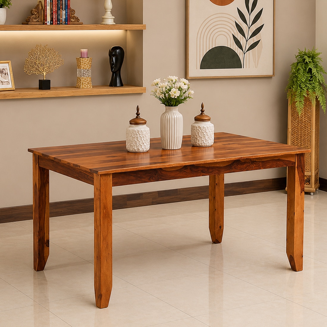 Catrice Solid Wood 6 Seater Dining Table in Warm Walnut Finish - Jyoti Impex