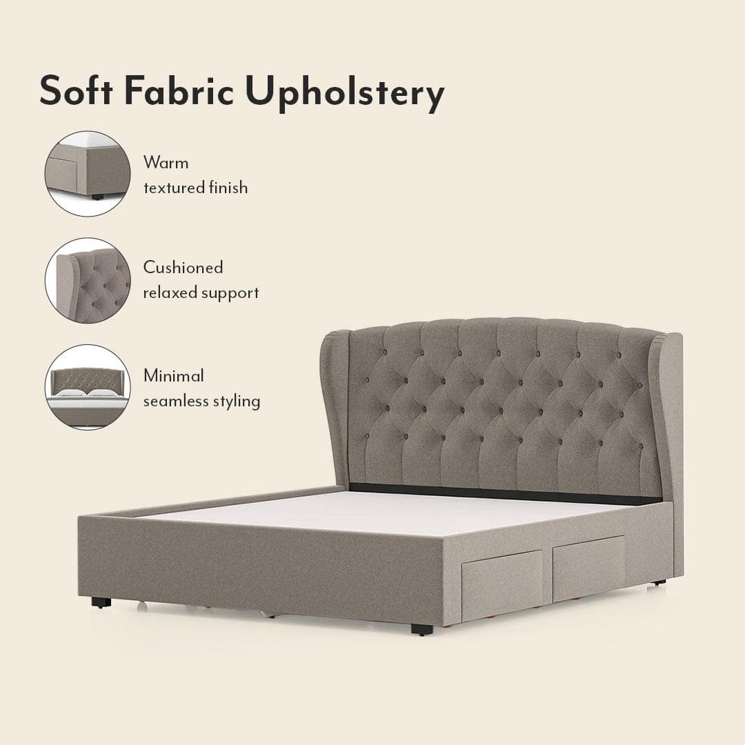 Holmebrook Engineered Wood King Size Drawer Storage Upholstered Bed In Shitake Beige Colour