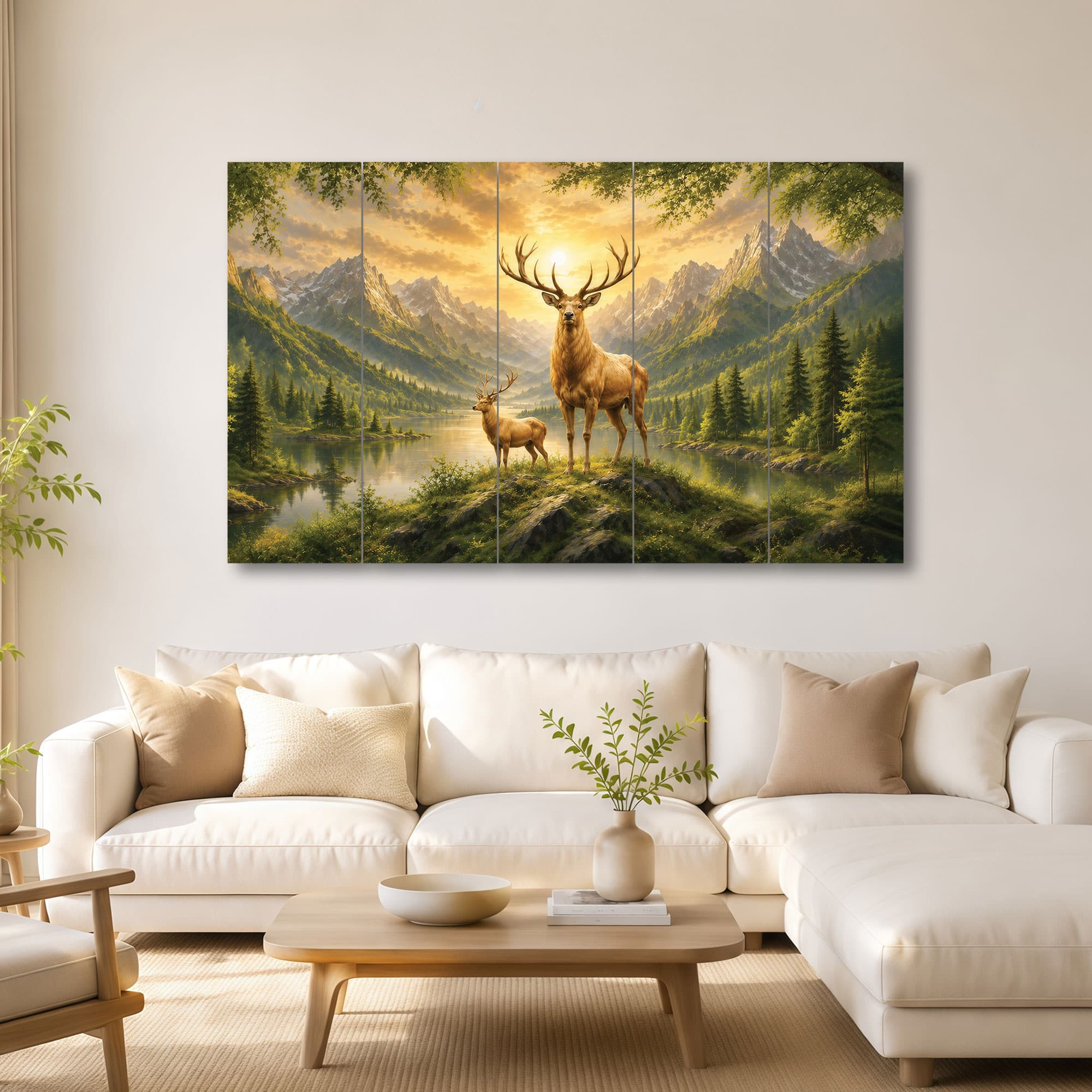 The Castle Decor White Golden Deer Wall Art Design 6 Wooden Framed 27x48 Inch - The Castle Decor