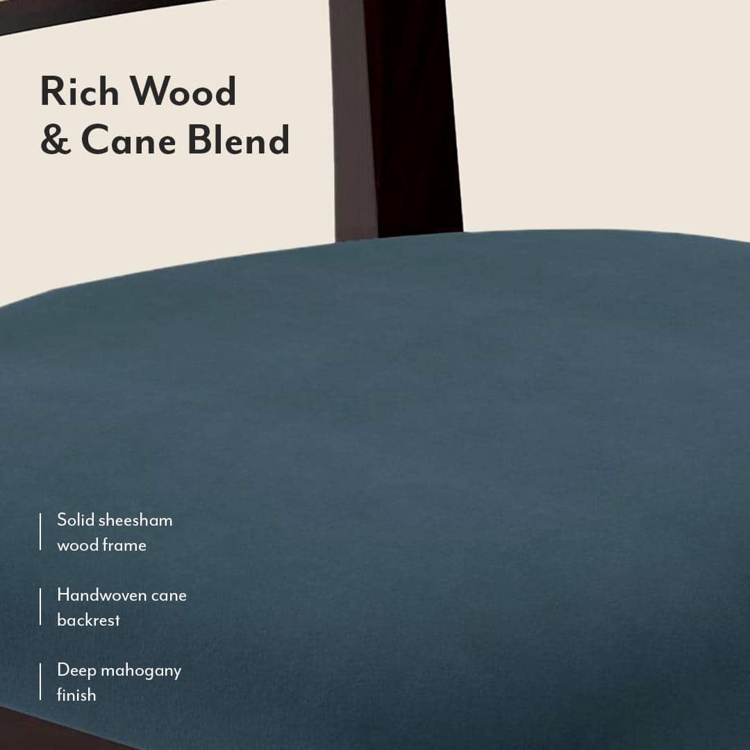 Argiro Solid Wood Dining Chair Set Of 2 In Mahogany Finish With Night Blue Velvet Fabric Colour