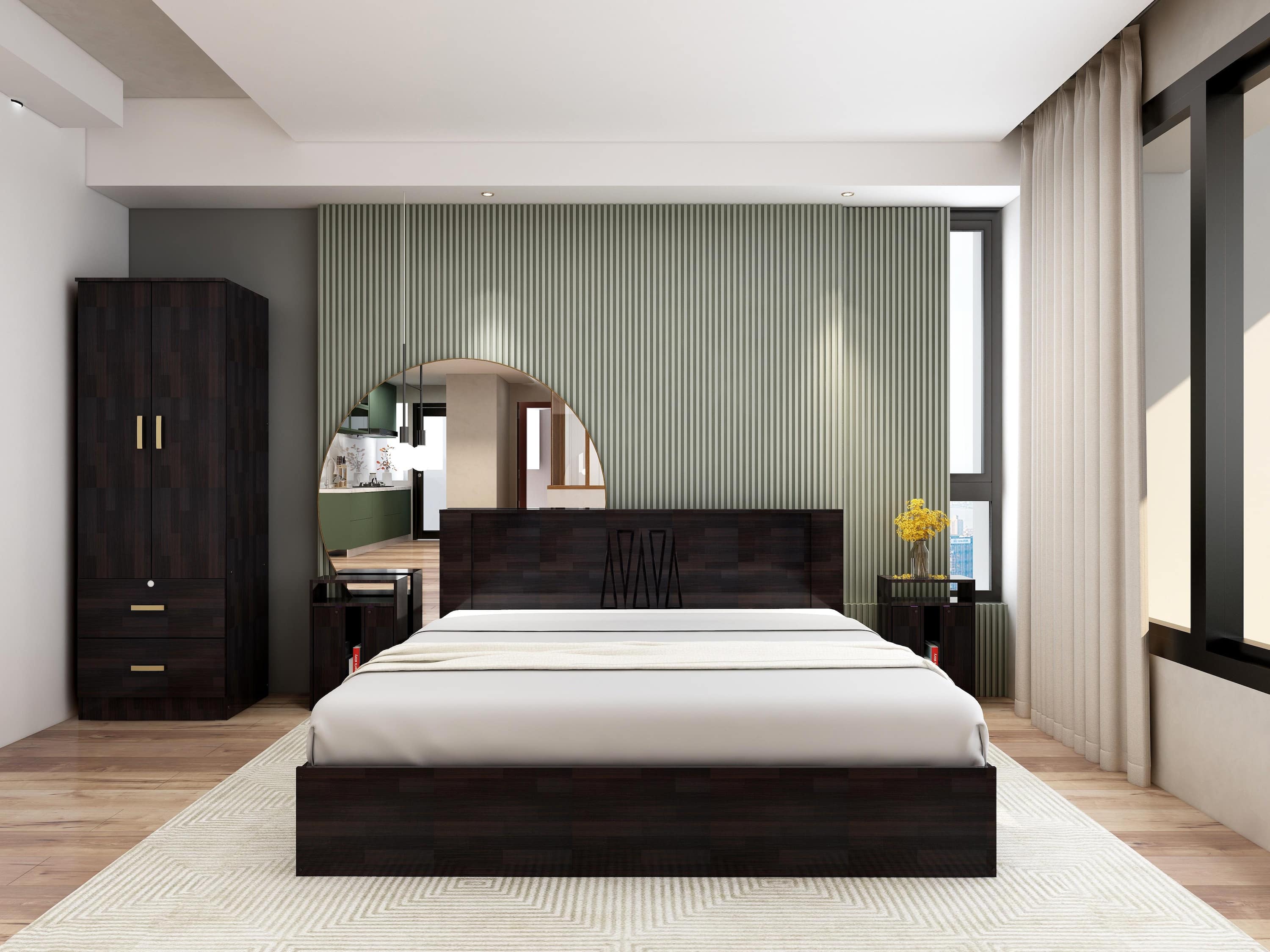 Ren Classic Bedroom Set – Queen Bed, 2-Door Wardrobe & Bedside Table in Wenge Finish – Engineered Wood