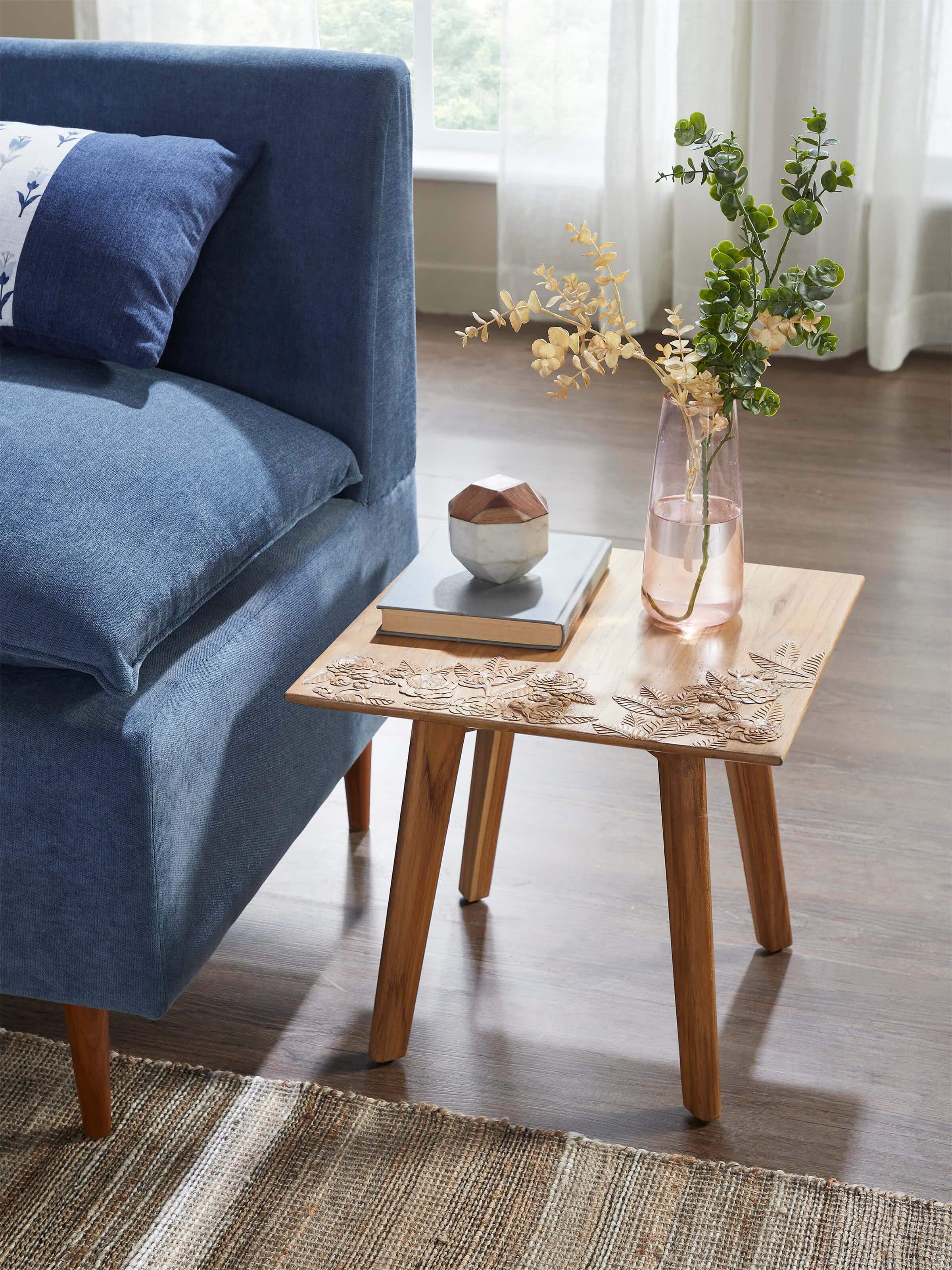 Side view of Carved Teak Wood Square Side Table showing the detailed woodwork and design elements