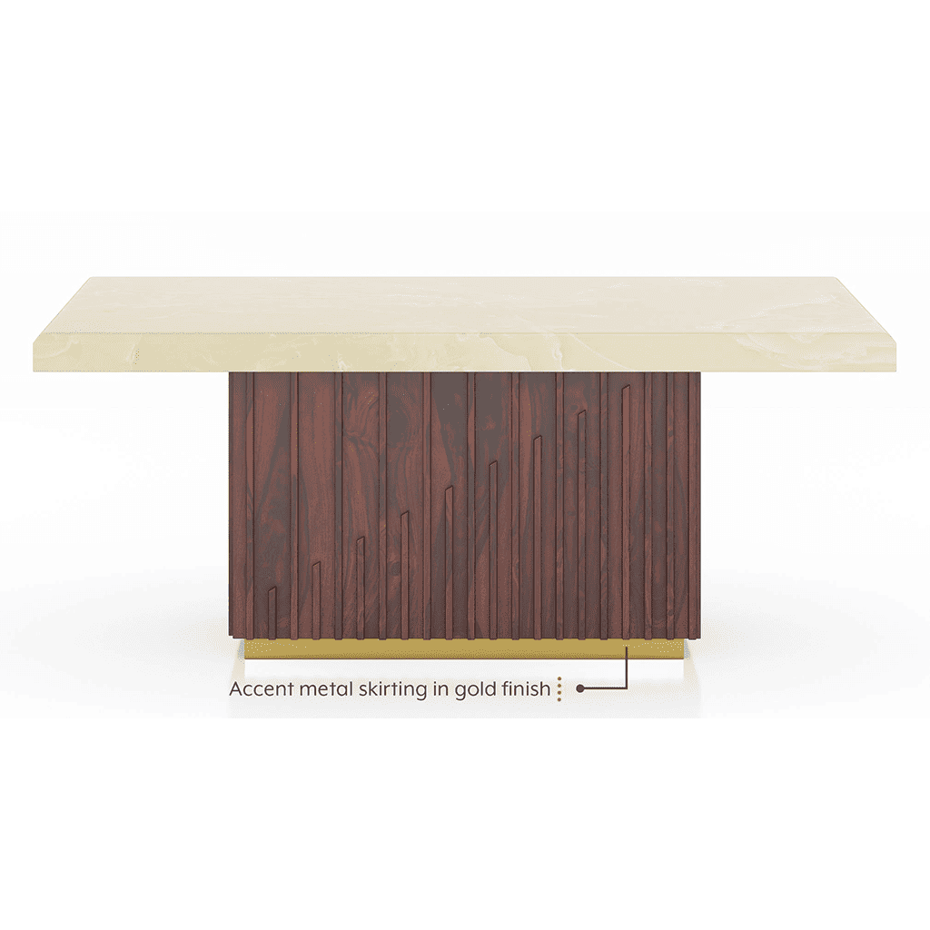 Gabriele Onyx Composite Solid Teak Wood 6 Seater Pedestal Dining Table In Clear Teak Finish