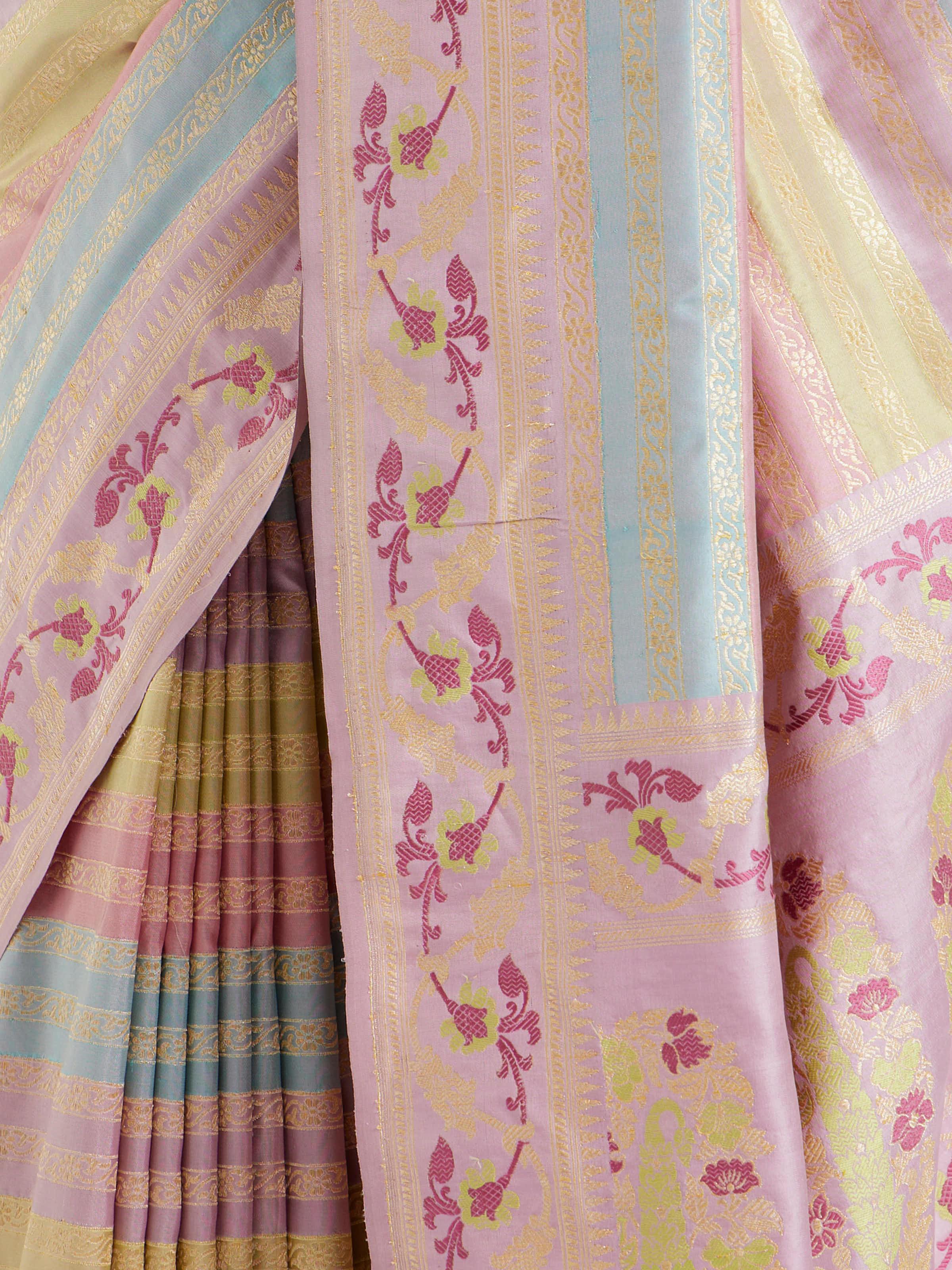 Detail view of silk rangkat Banarasi saree showing silk texture and intricate craftsmanship