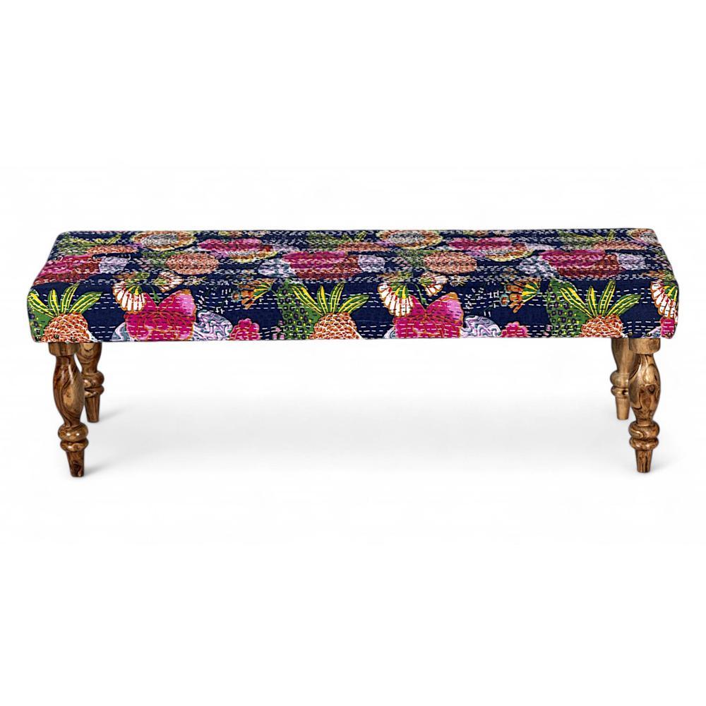 Cairo Sheesham Wood Mid Century 3 Seater Bench In Fruit Print Blue Kantha