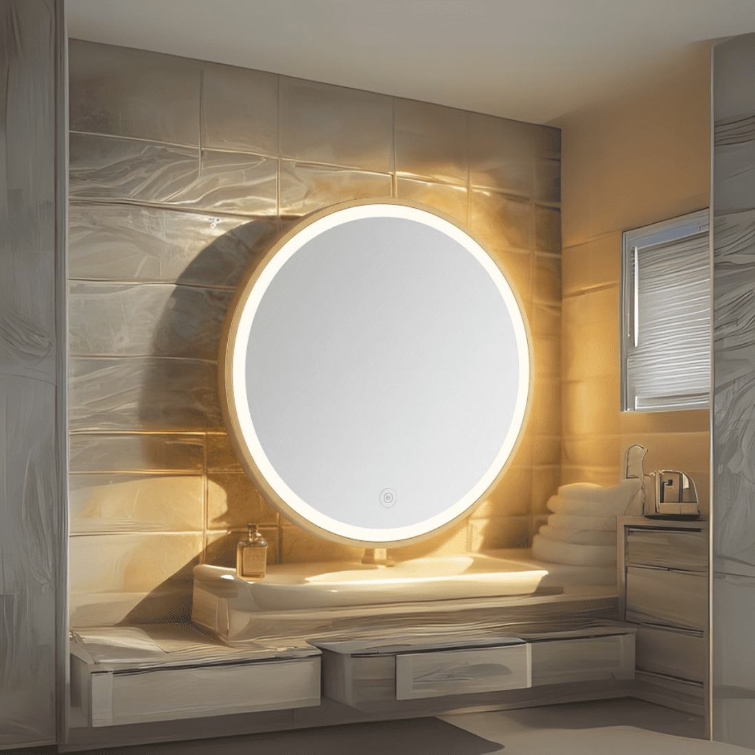 Round LED Mirror with Gold Aluminium Frame Modern Circular Vanity Mirror