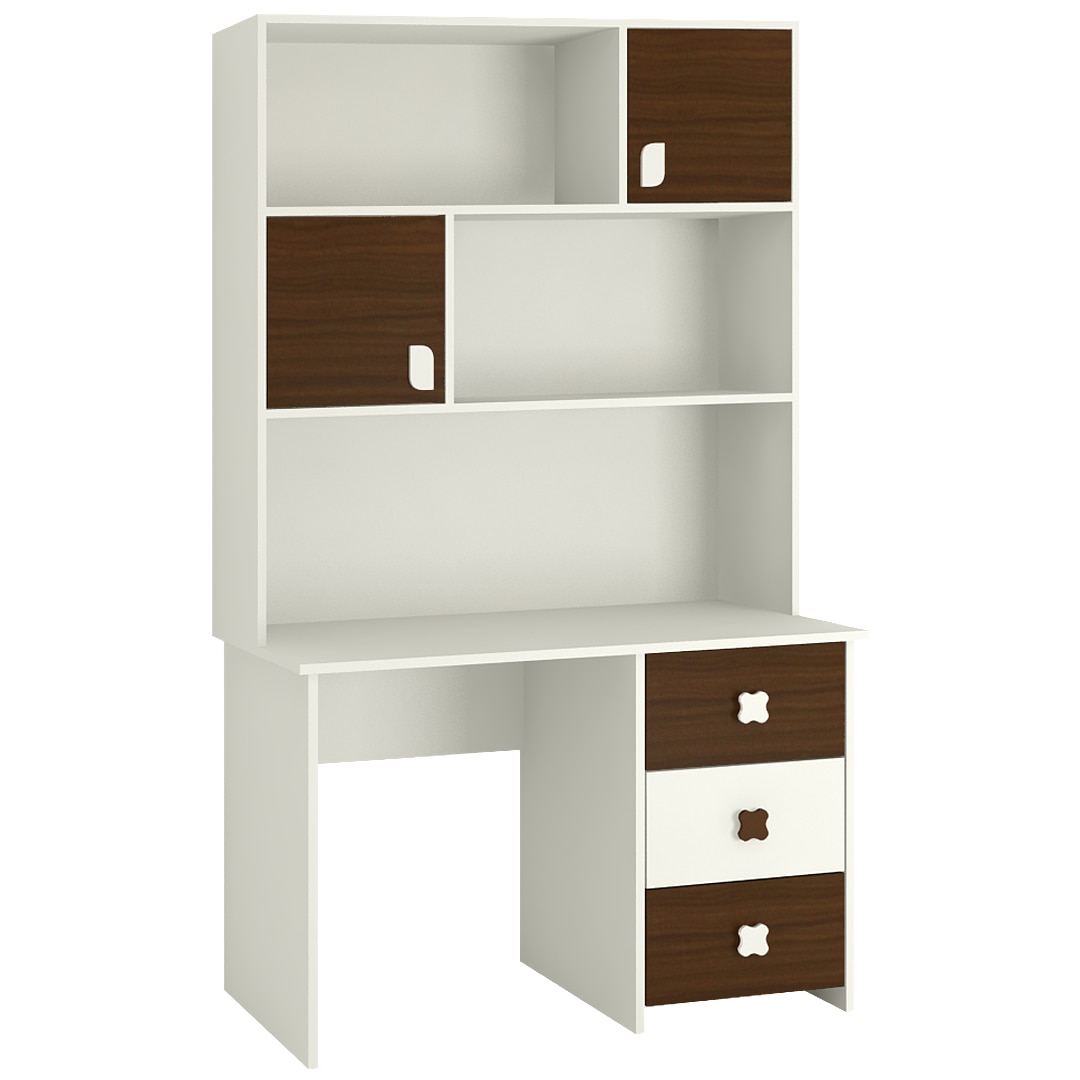 Flora Study Desk cum Bookshelf with Shuttered Cabinets Open Shelves and Drawers in Coffee Walnut Colour