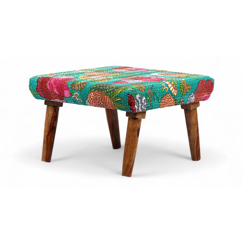Queens Solid Wood Pouf Stool in Sea Green Fruit Print fabric