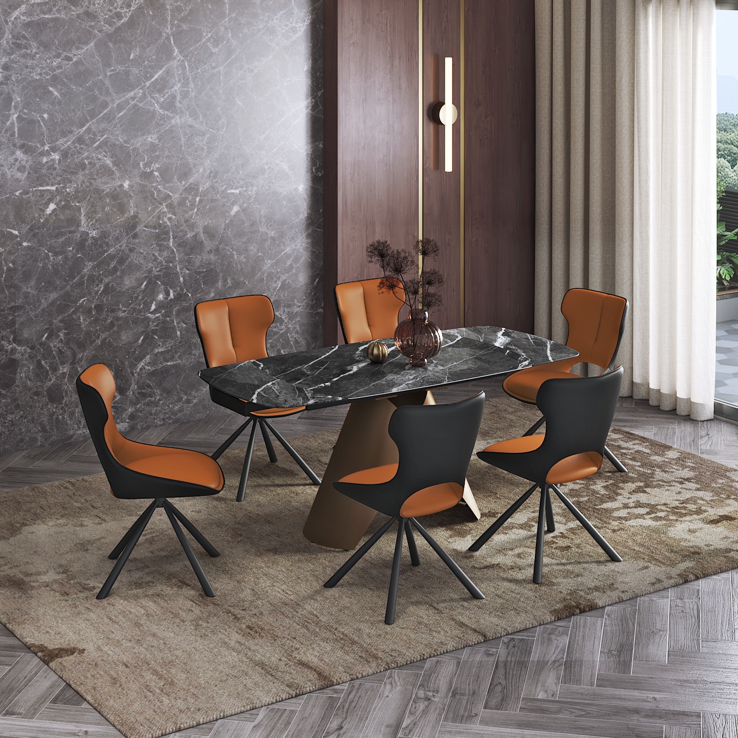 Aeris Tulip 4 To 6 Seater Extendable Dining Set (Black Jade Finish, Tan Colour)