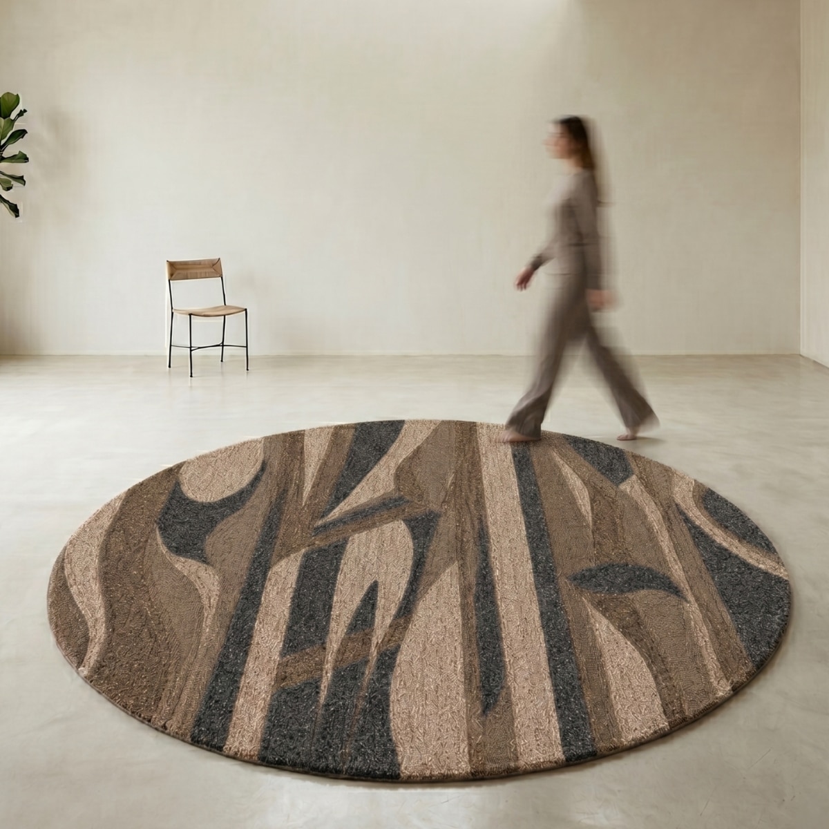 Handmade Round Wool Rug Modern Abstract Brown Charcoal 8 Feet Carpet - NEU LOOMS